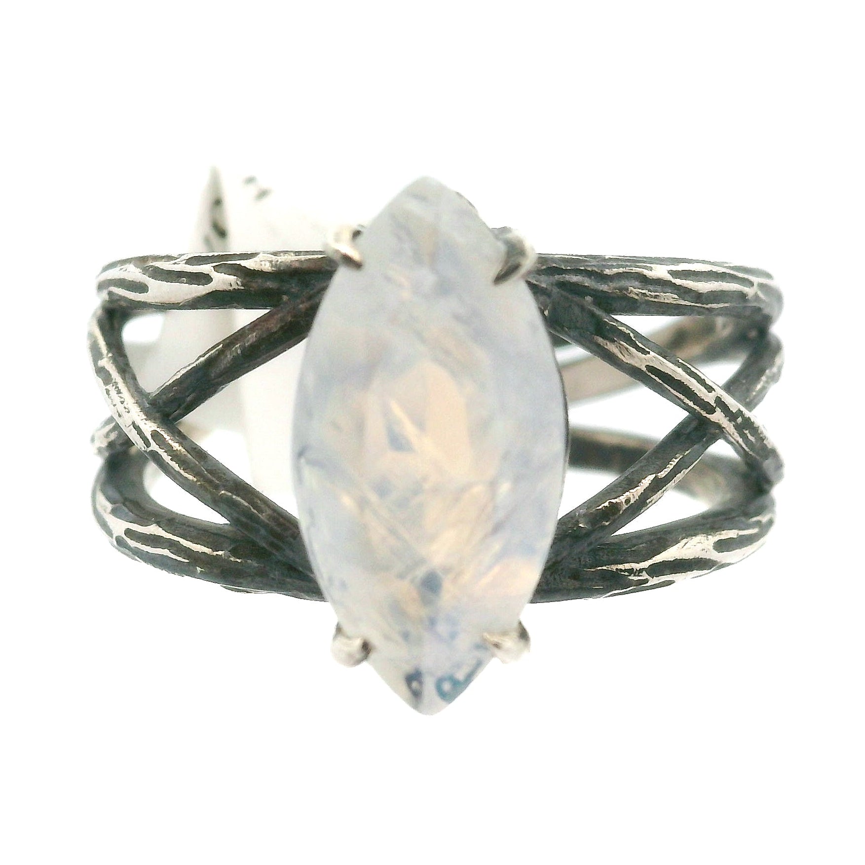 Rainbow Moonstone Marquise Bad Witch Cuff Ring .925 Silver for Protection, Manifestation and Divine Feminine Energy