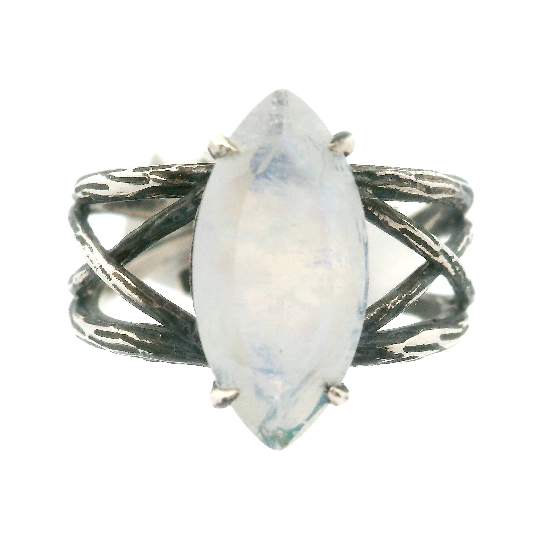 Rainbow Moonstone Marquise Bad Witch Cuff Ring .925 Silver for Protection, Manifestation and Divine Feminine Energy