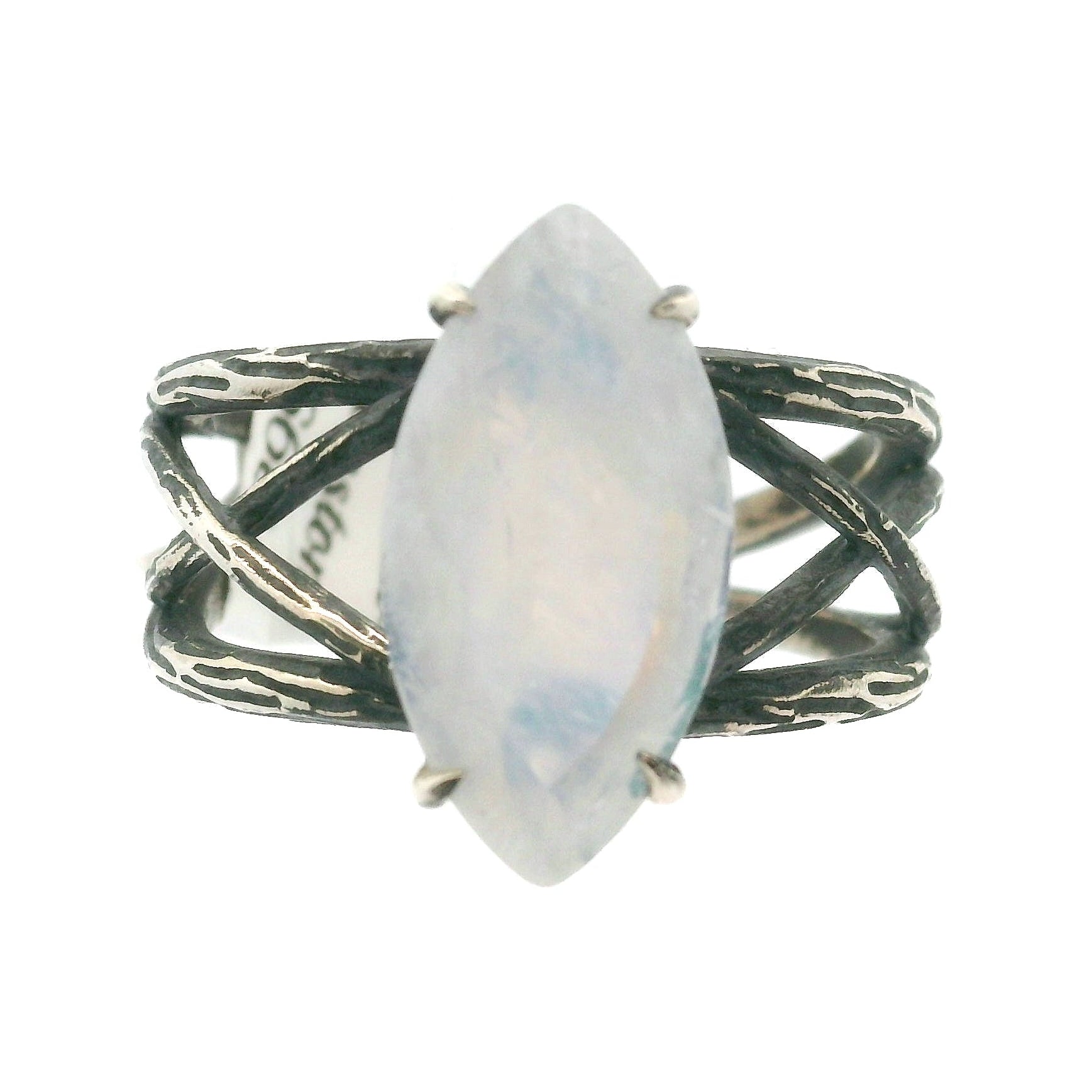 Rainbow Moonstone Marquise Bad Witch Cuff Ring .925 Silver for Protection, Manifestation and Divine Feminine Energy