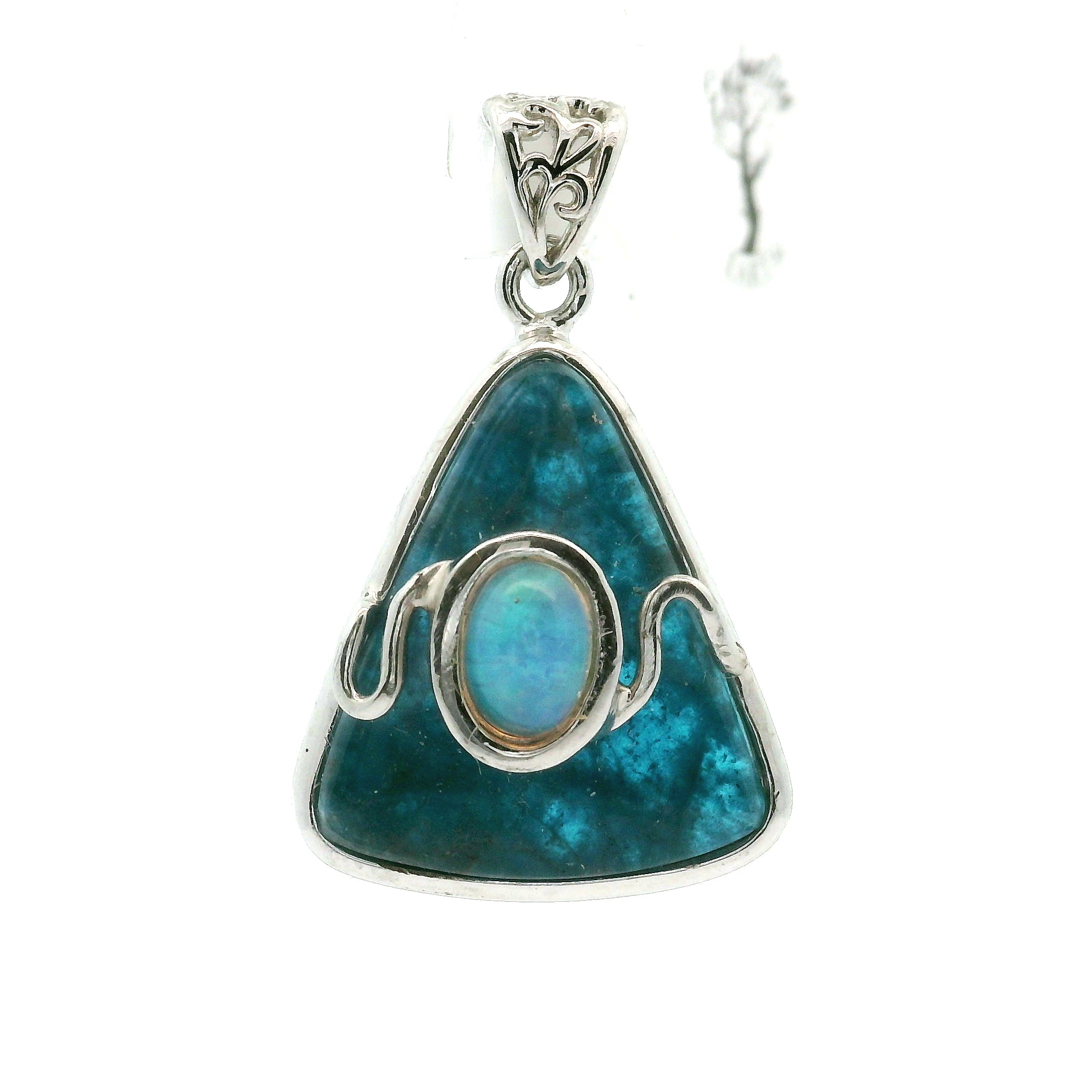 Blue Apatite with Opal Pendant .925 Silver for Communication with Higher Realms