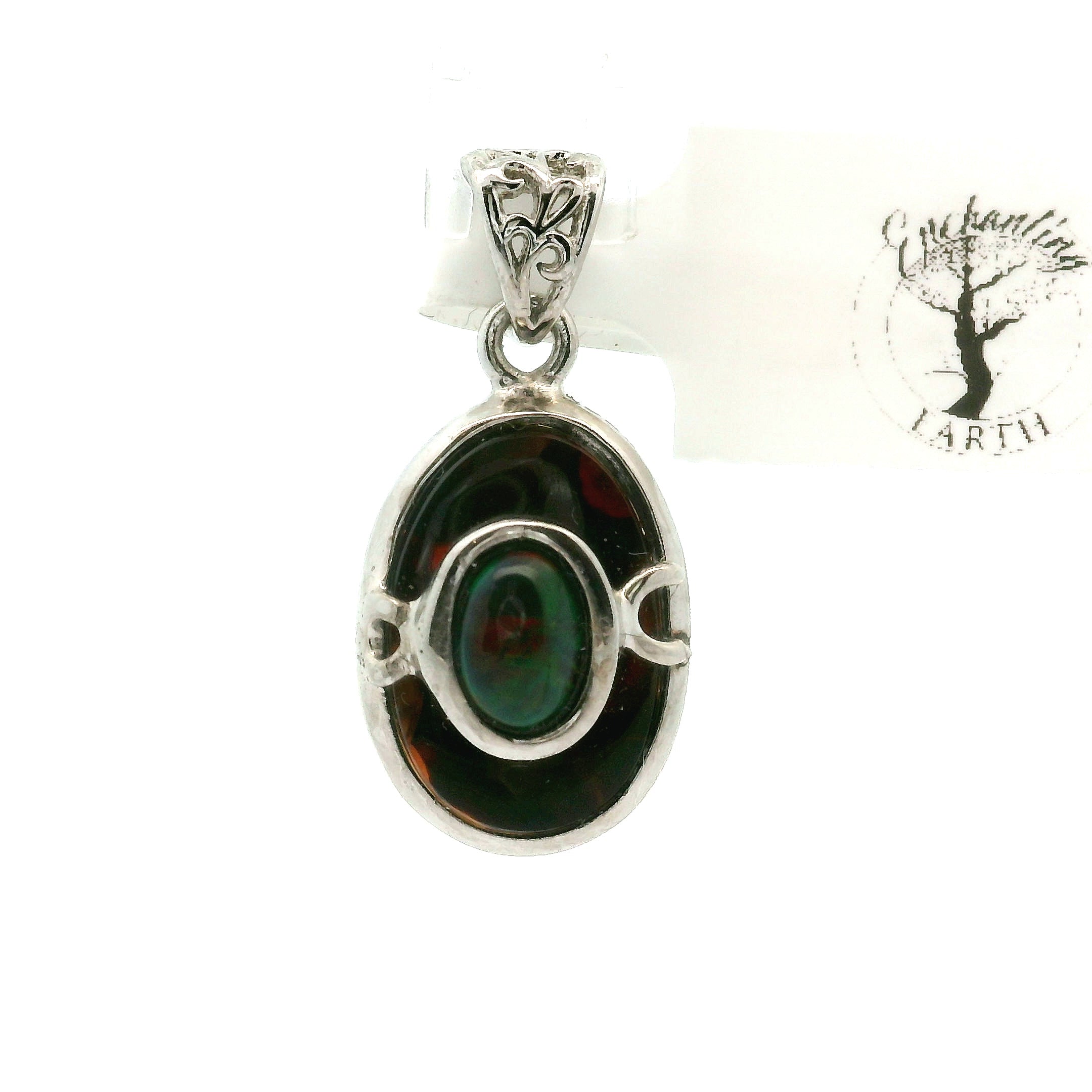 Fire Agate with Black Opal Pendant .925 Silver for Emotional Support, Joy and Self Worth