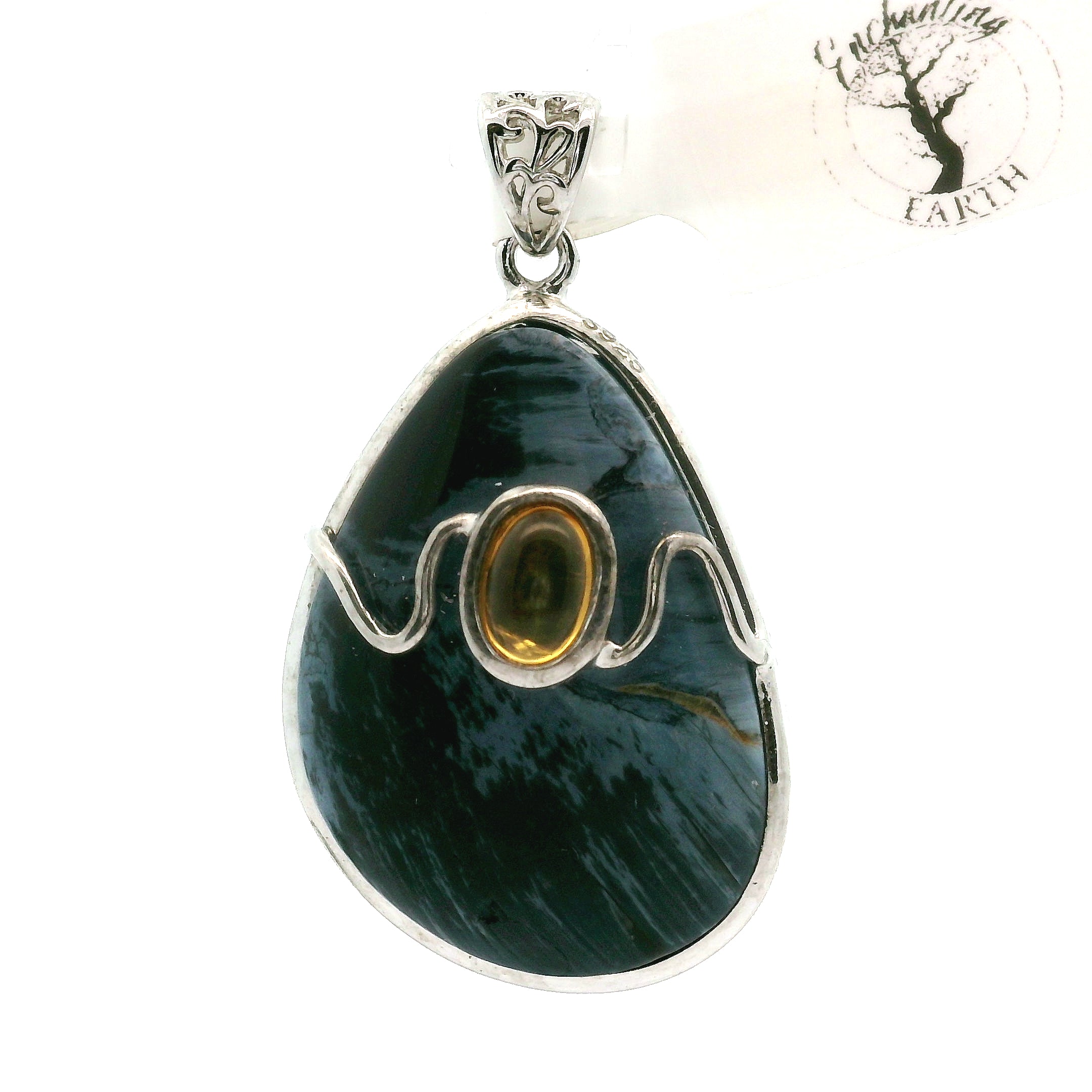 Pietersite and Citrine Pendant .925 Silver for Intuition, Transformation and Willpower