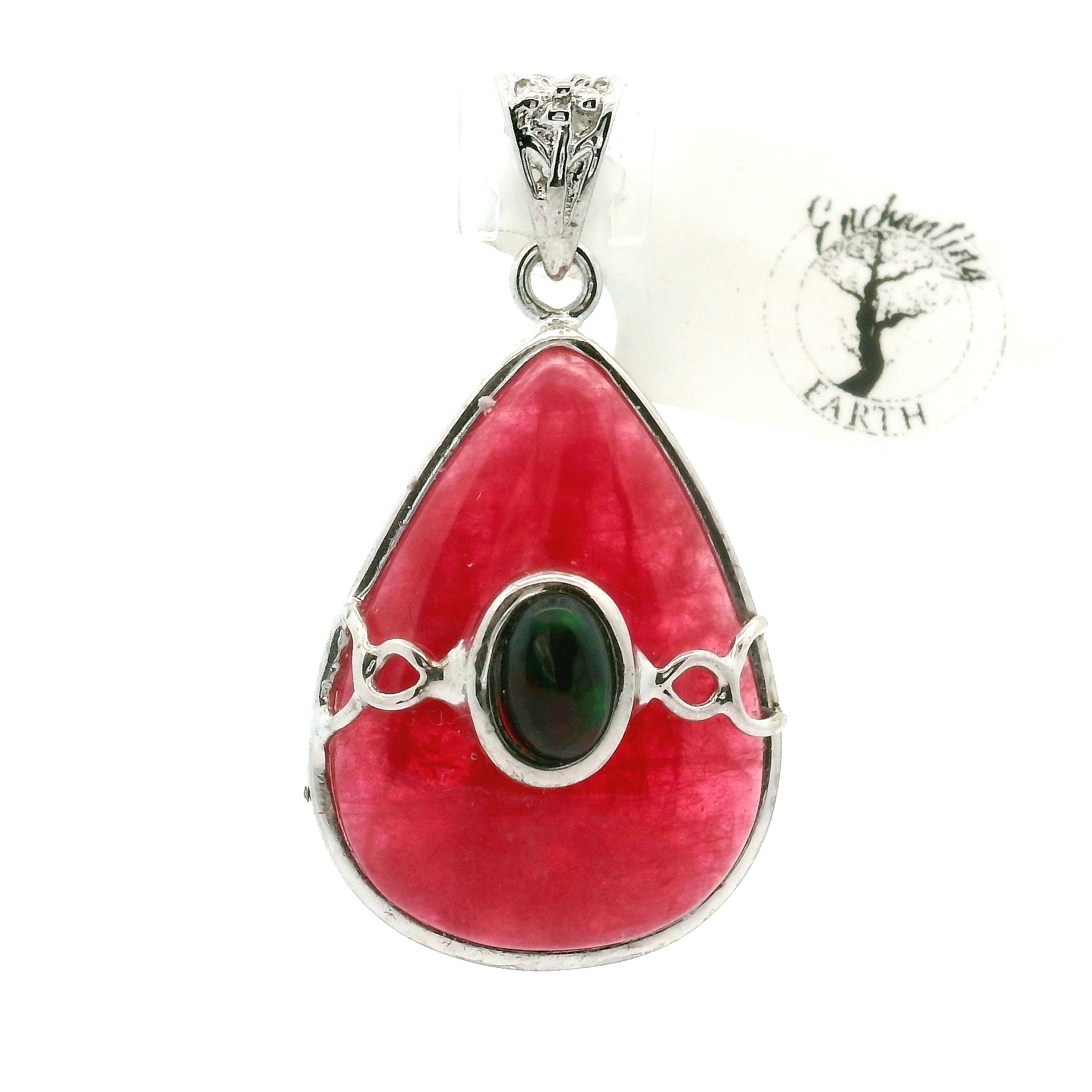 Rhodonite  with Black Opal Pendant .925 Sterling Silver for Attracting Love, Harmonizing Relationships and Knowing your Worth