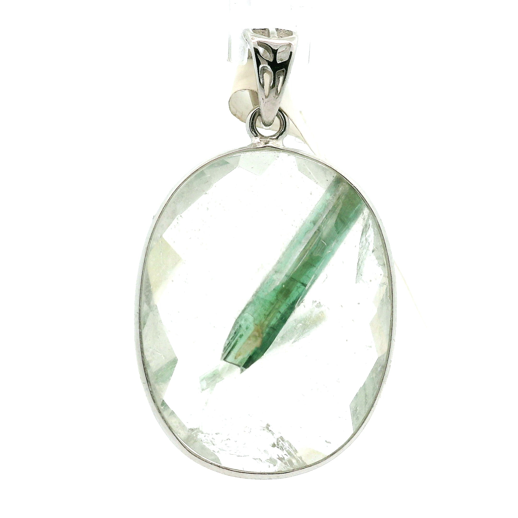 Green Tourmaline in Quartz Pendant .925 Sterling Silver for Emotional Healing, Kindness and Joy