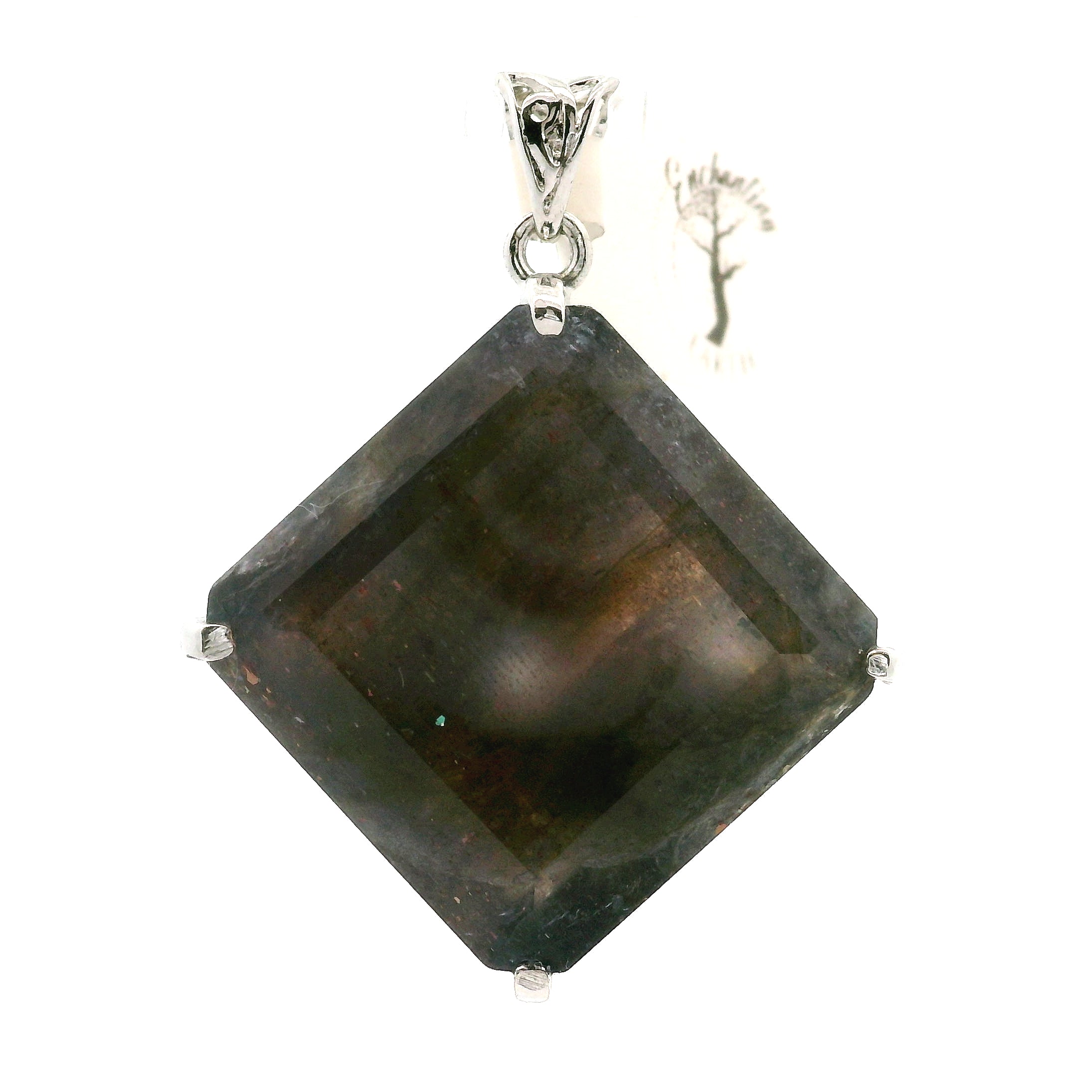 Iolite Sunstone Emerald Cut Pendant .925 Silver for Confidence and Clear Vision