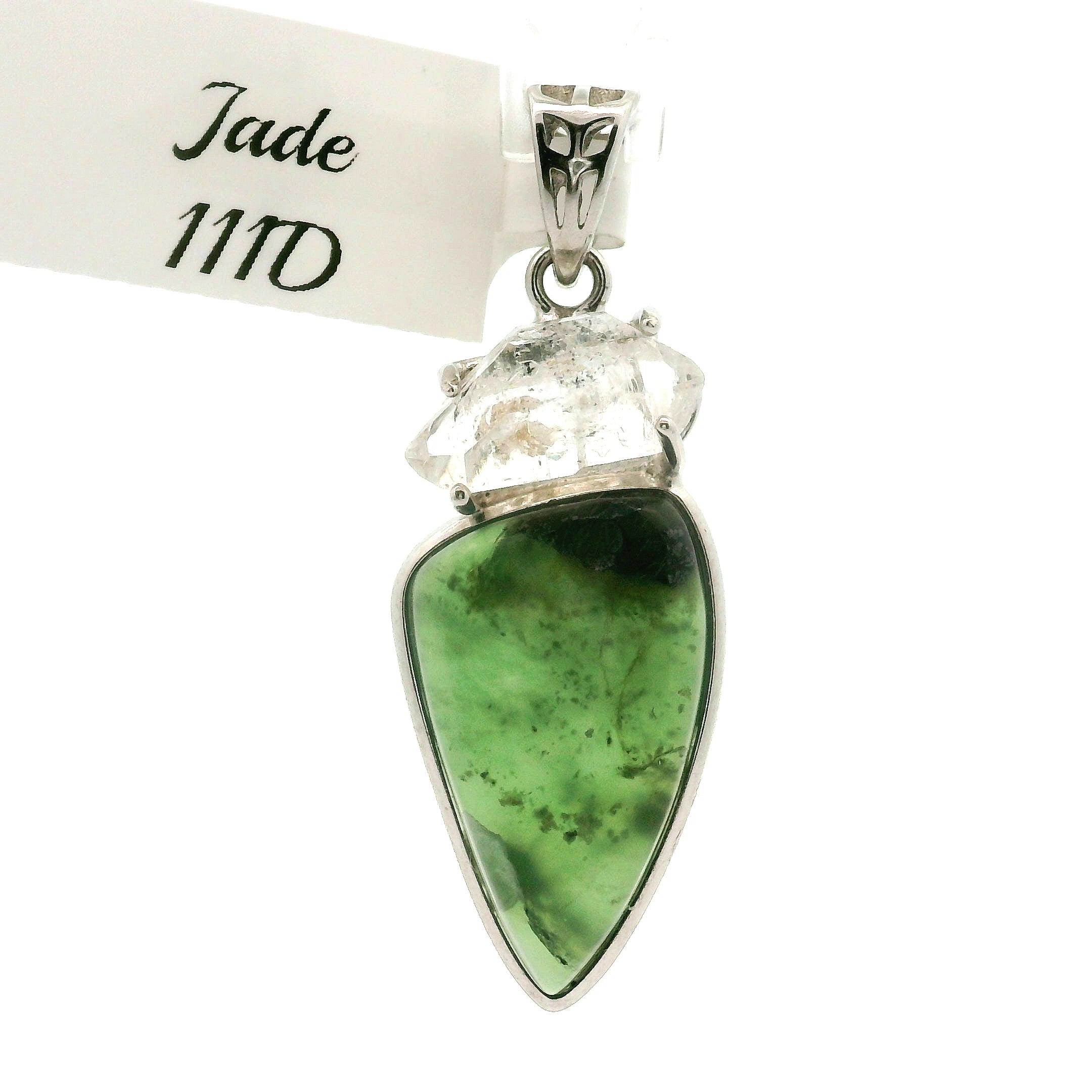Jade and Herkimer Diamond Quartz Pendant .925 Silver for Abundance, Good Luck, Joy and Protection