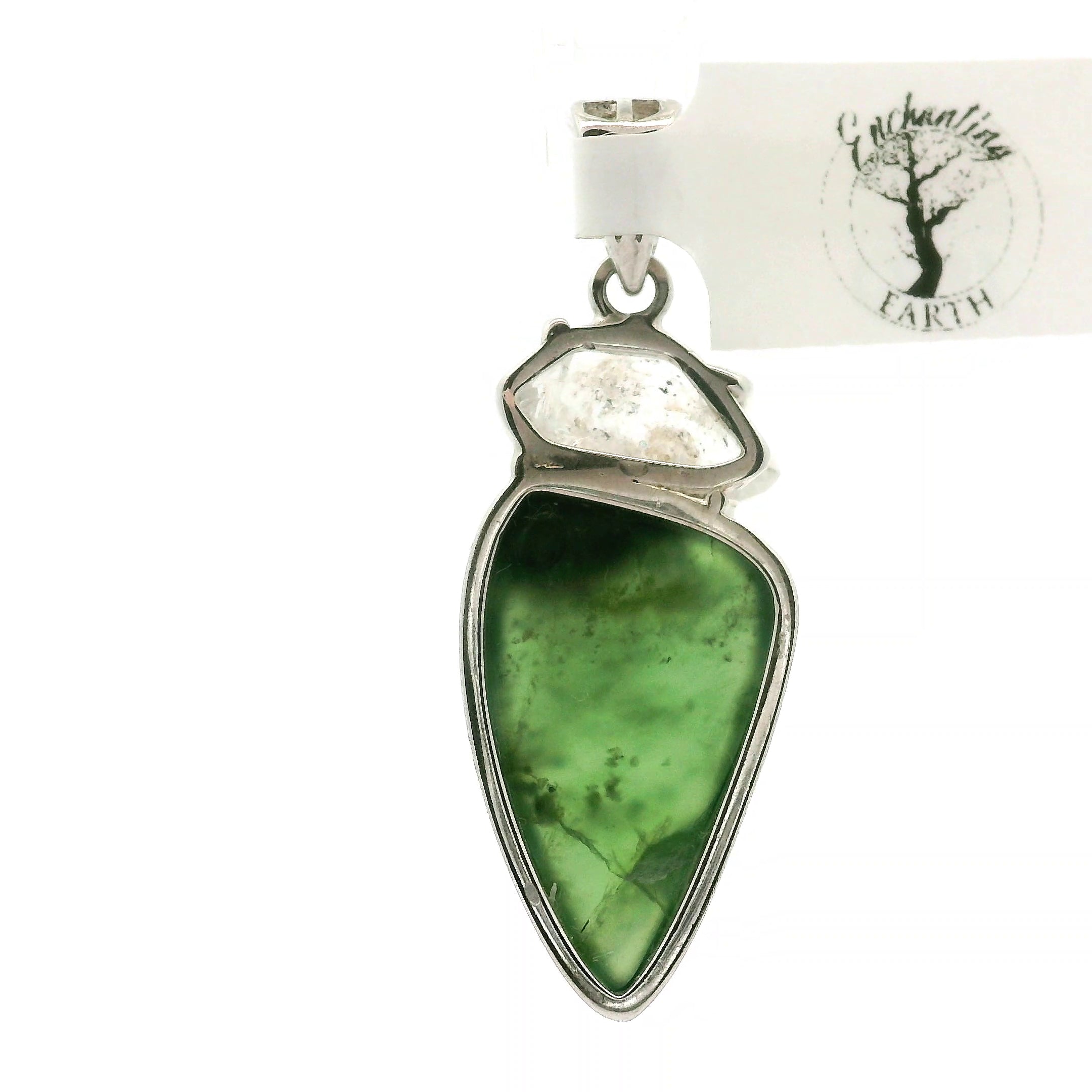 Jade and Herkimer Diamond Quartz Pendant .925 Silver for Abundance, Good Luck, Joy and Protection