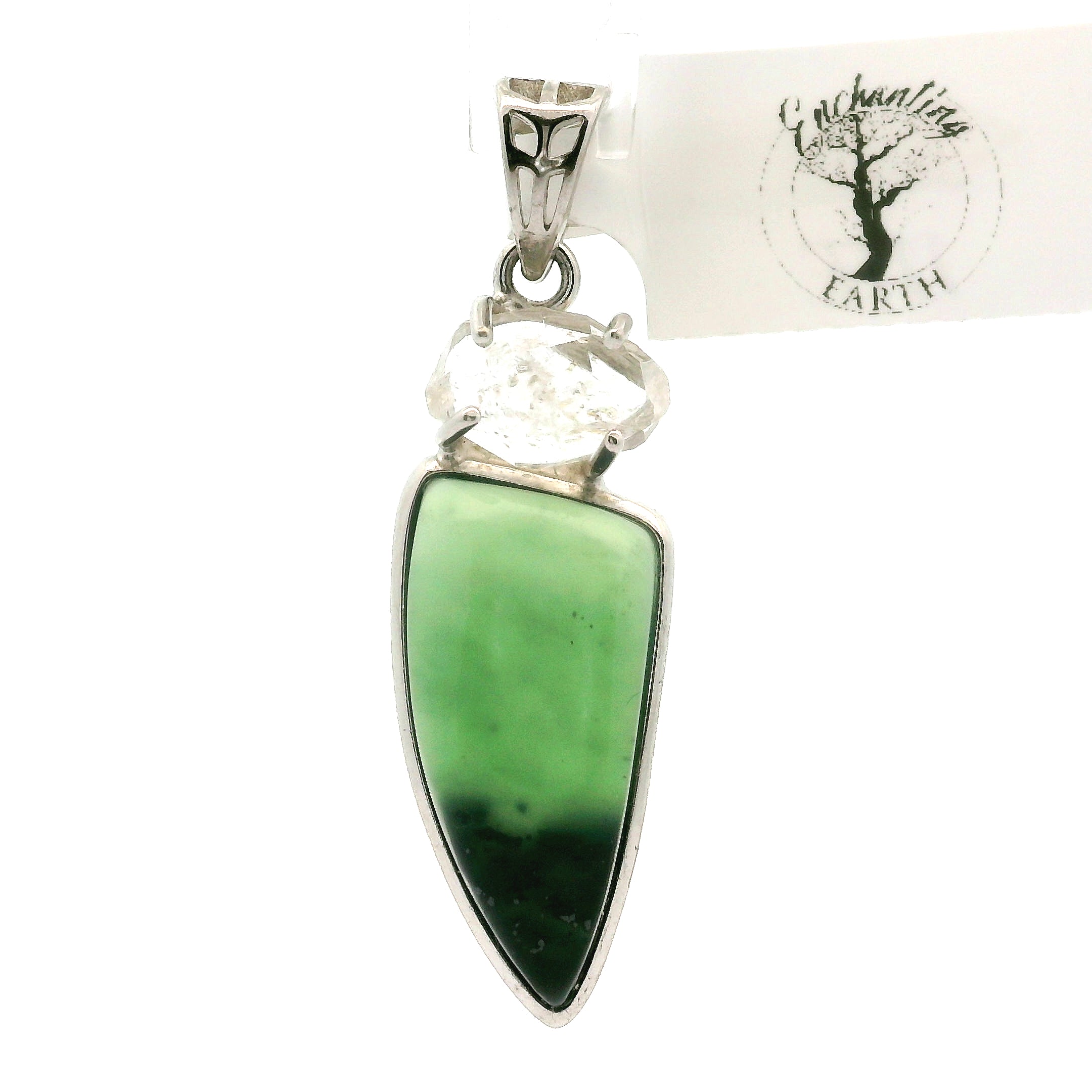 Jade and Herkimer Diamond Quartz Pendant .925 Silver for Abundance, Good Luck, Joy and Protection