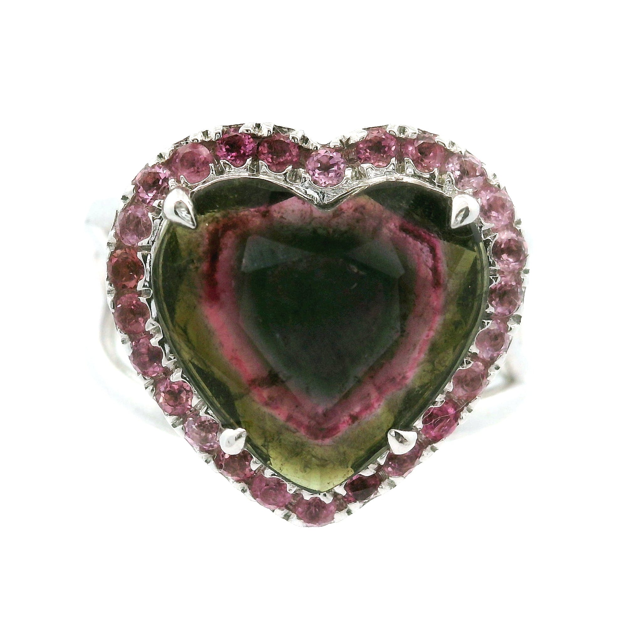 Watermelon Tourmaline with Pink Tourmaline Heart Pavé Ring .925 Silver for Passion for Life and Emotional Healing