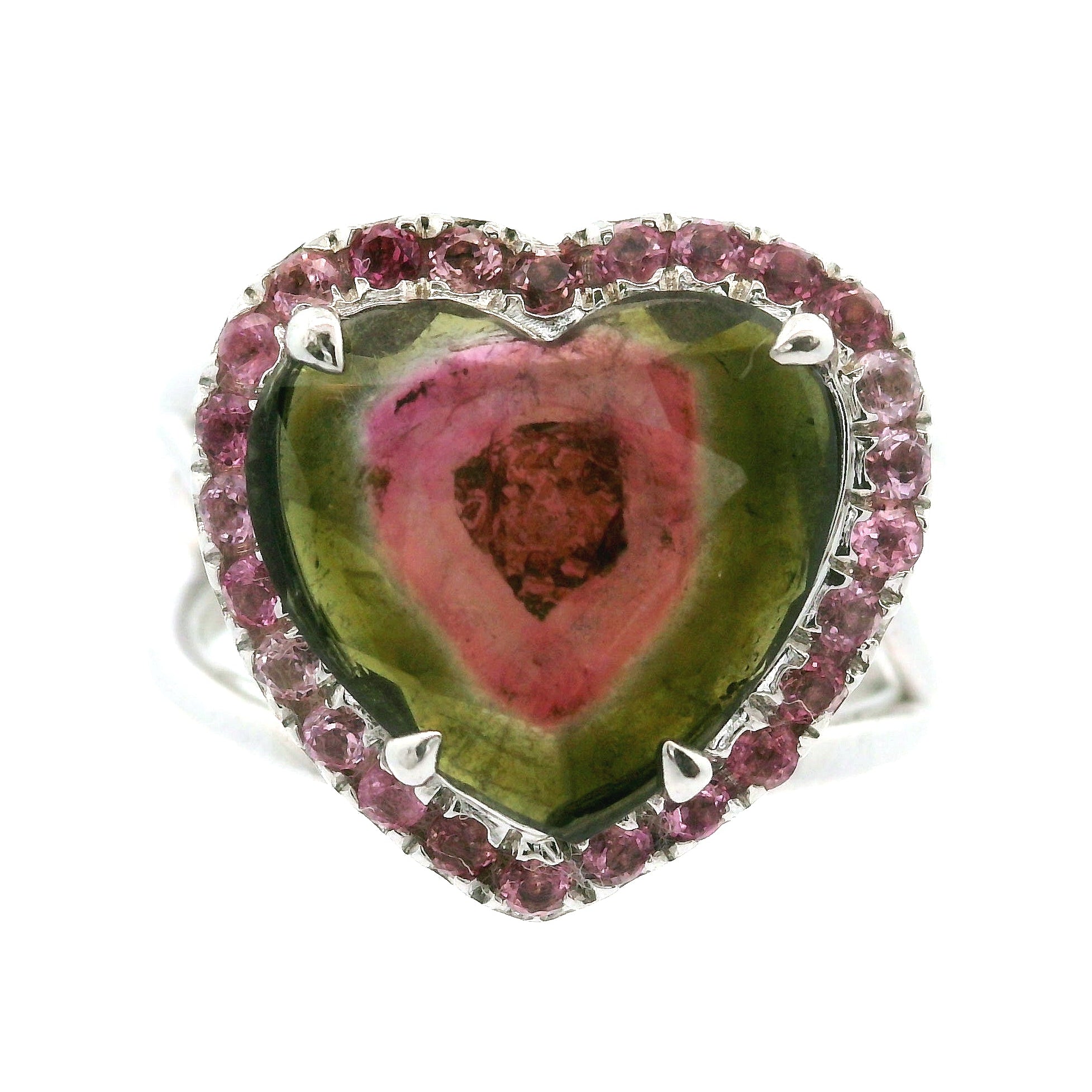 Watermelon Tourmaline with Pink Tourmaline Heart Pavé Ring .925 Silver for Passion for Life and Emotional Healing