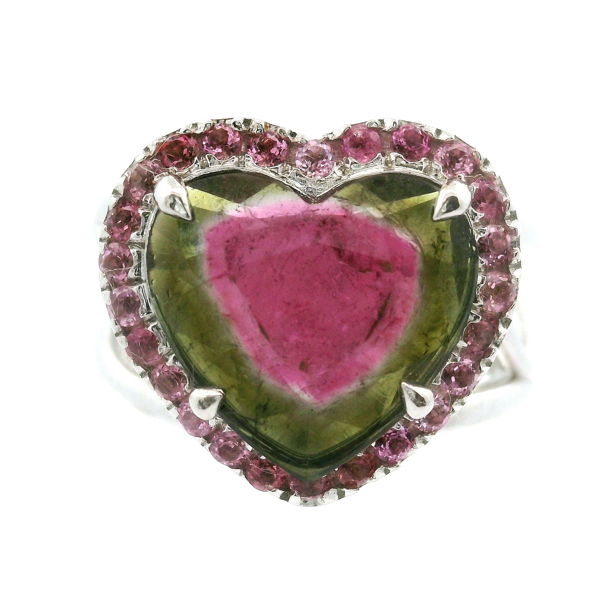 Watermelon Tourmaline with Pink Tourmaline Heart Pavé Ring .925 Silver for Passion for Life and Emotional Healing