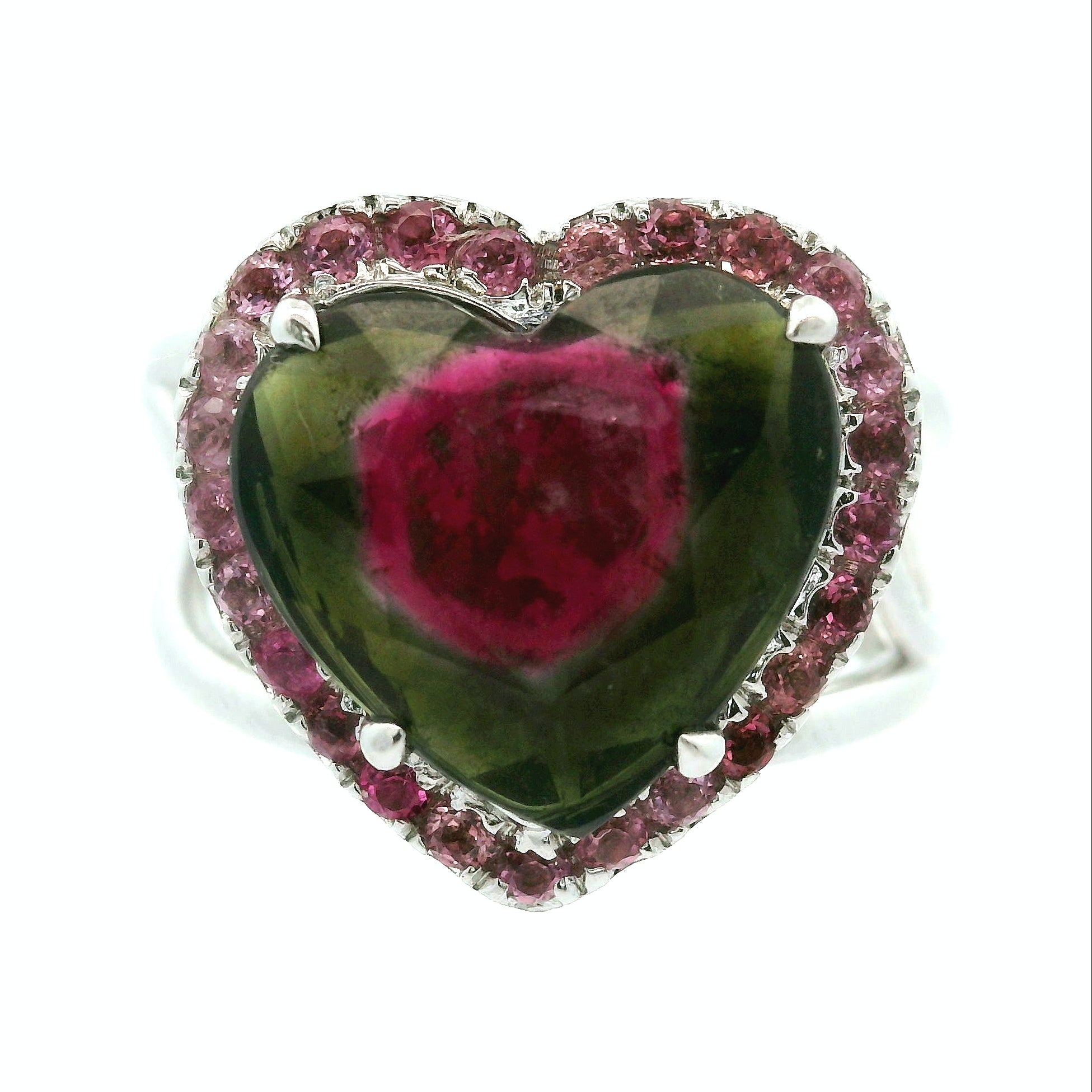 Watermelon Tourmaline with Pink Tourmaline Heart Pavé Ring .925 Silver for Passion for Life and Emotional Healing