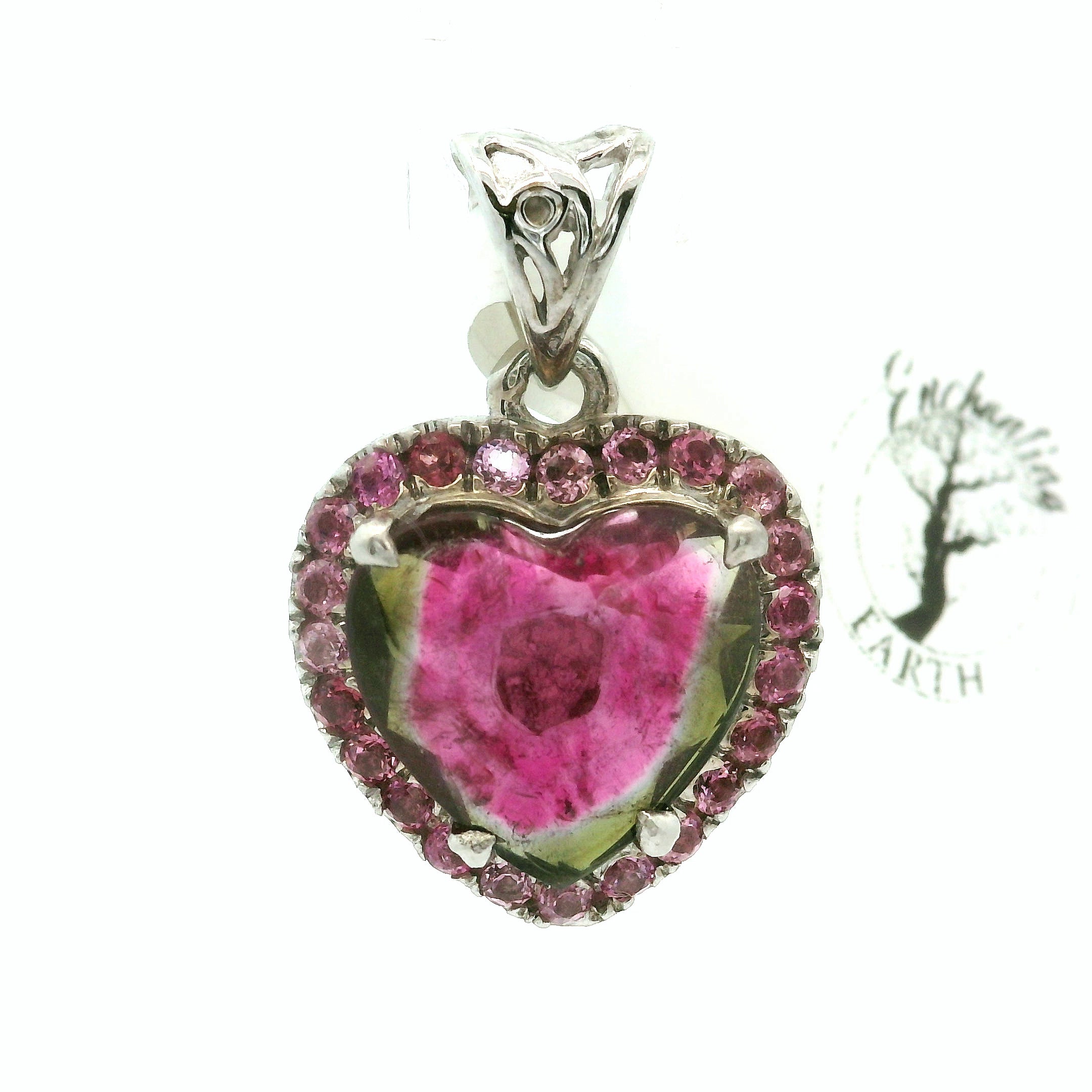 Watermelon Tourmaline with Pink Tourmaline Heart Pavé Pendant .925 Silver for Passion for Life and Emotional Healing