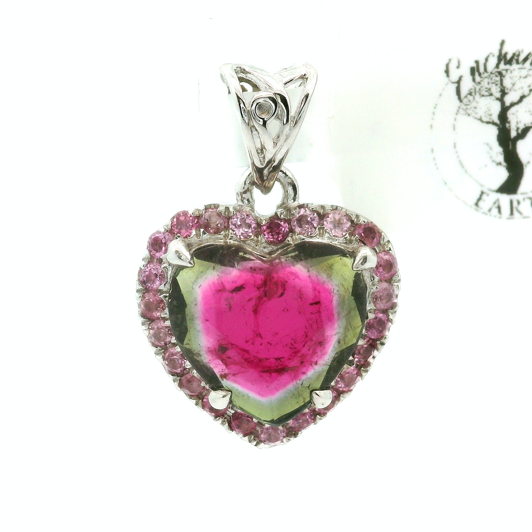 Watermelon Tourmaline with Pink Tourmaline Heart Pavé Pendant .925 Silver for Passion for Life and Emotional Healing