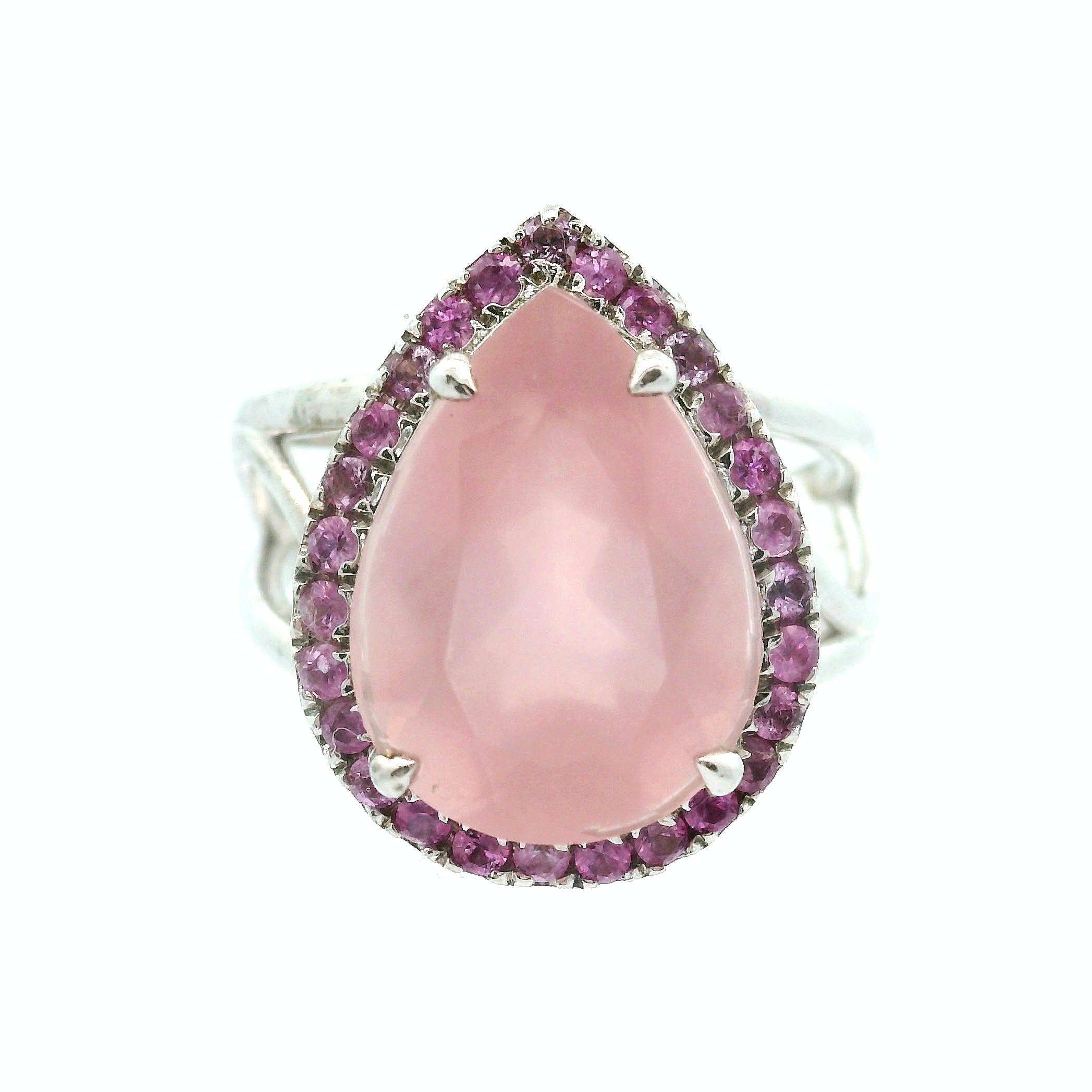 Rose Quartz with Pink Sapphire Pavé Cuff Ring .925 Silver for Self-Love, Acceptance and Emotional Healing