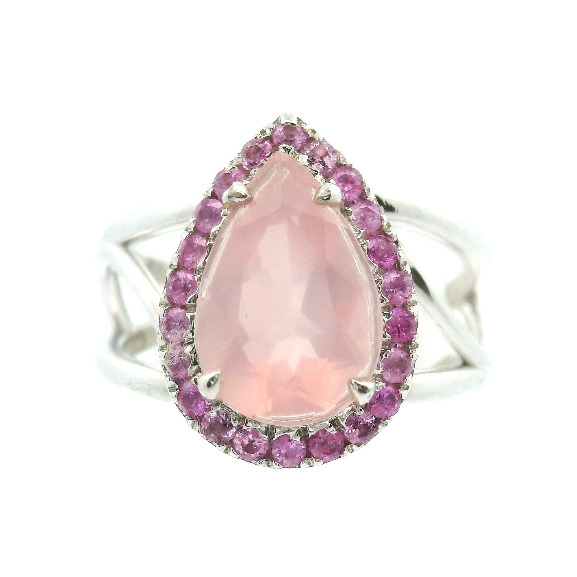 Rose Quartz with Pink Sapphire Pavé Cuff Ring .925 Silver for Self-Love, Acceptance and Emotional Healing