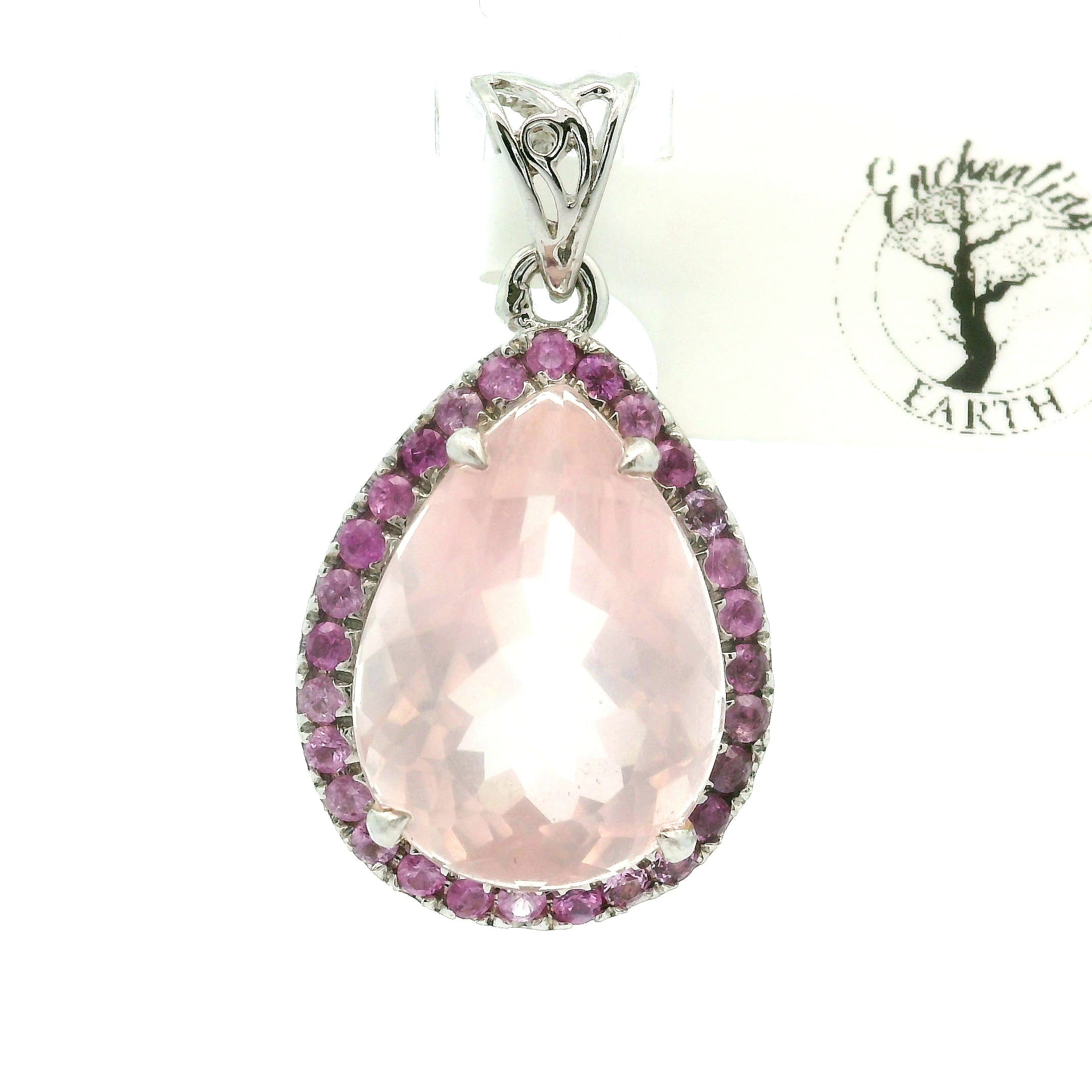 Rose Quartz with Pink Sapphire Pavé Pendant .925 Silver for Self-Love, Acceptance and Emotional Healing