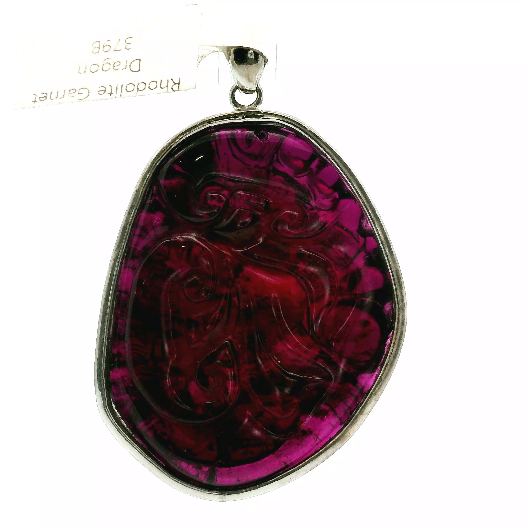 Rhodolite Garnet Carved Dragon Pendant .925 Silver for Health, Grounding and Strength