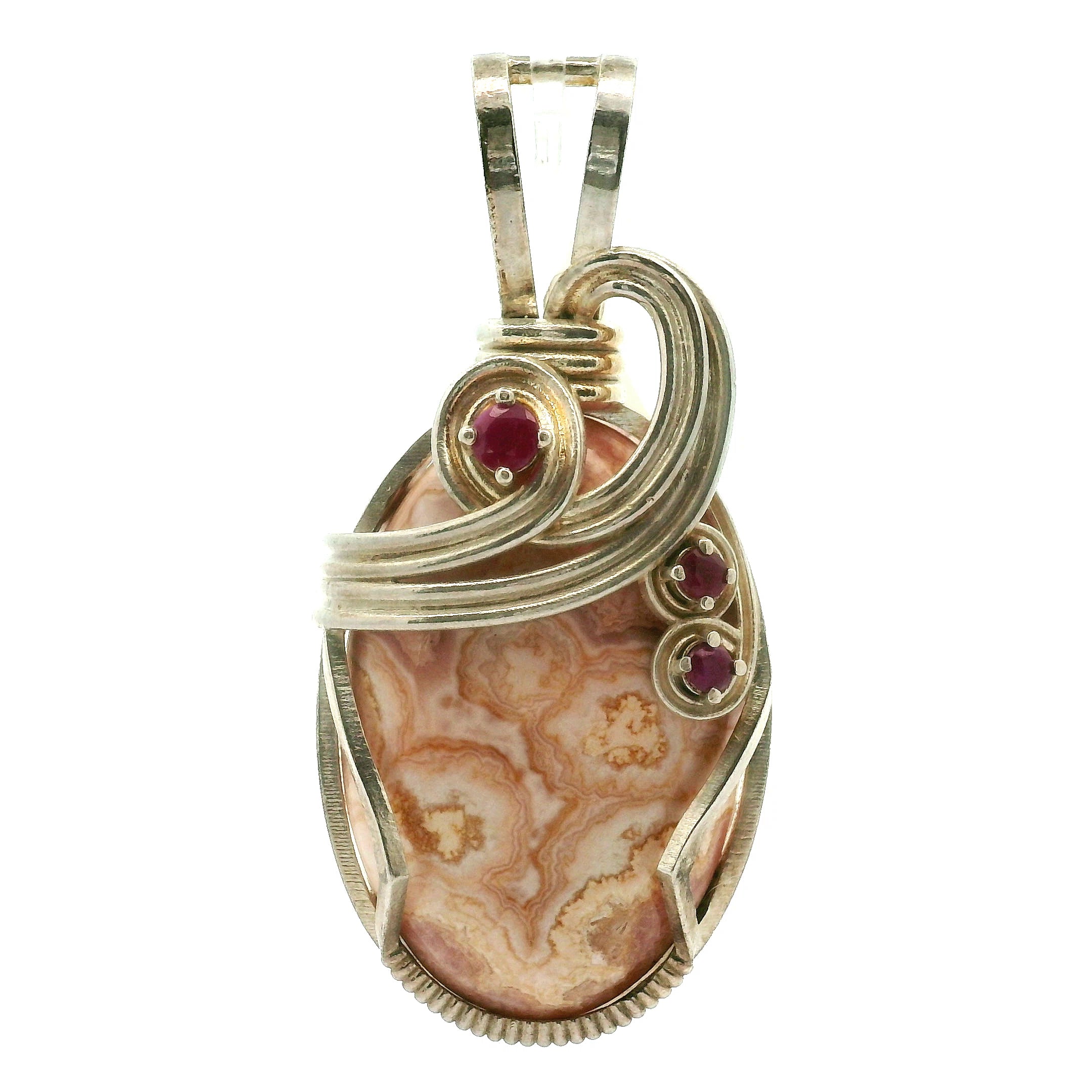 Rhodochrosite with Ruby Pendant .925 Silver for Emotional Strength and Trauma Healing