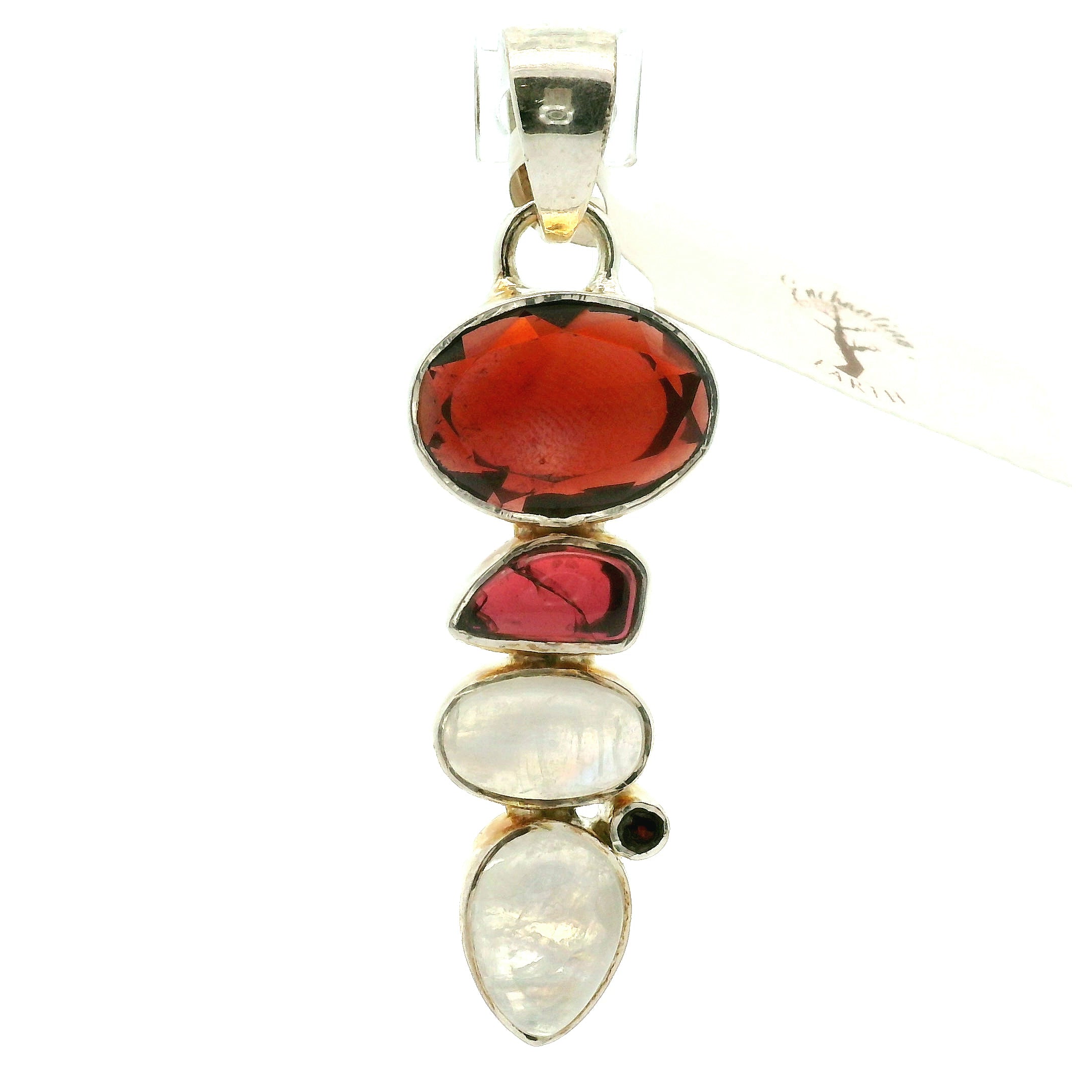 Multi-Stone Garnet & Rainbow Moonstone Pendant .925 Silver for Intuition, Grounding and Strength