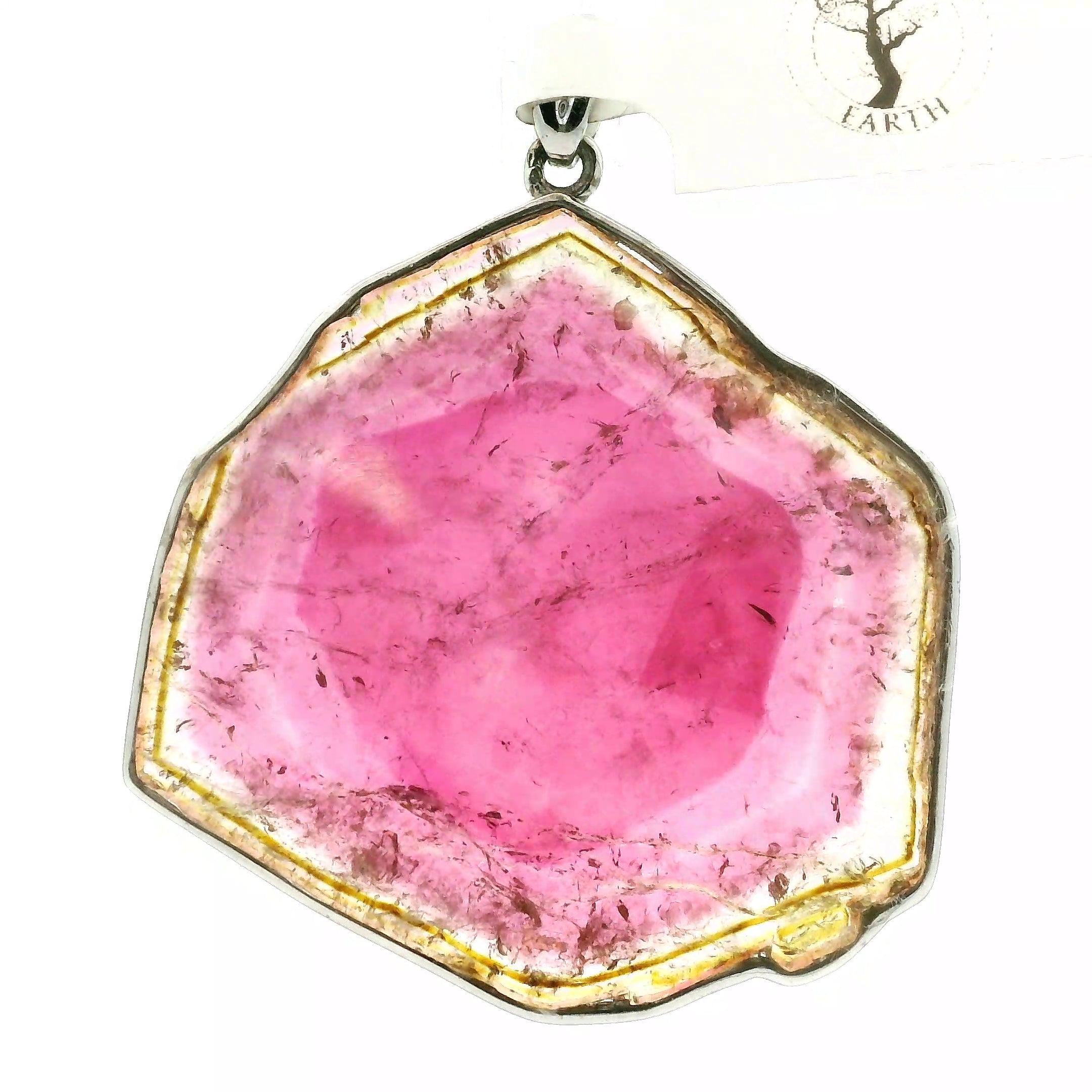 Watermelon Tourmaline Slice Pendant .925 Silver for Profound Heart Healing