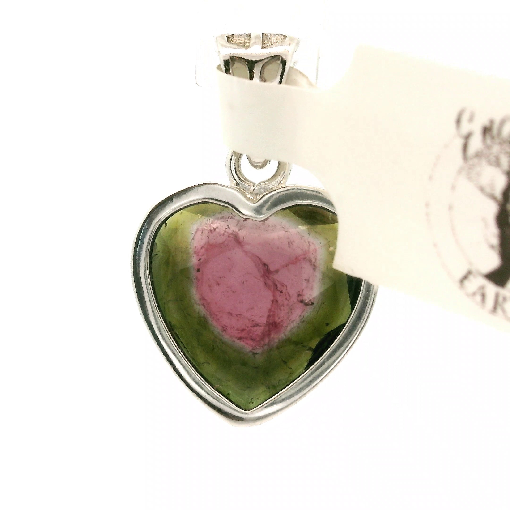 Watermelon Tourmaline Heart Pendant .925 Silver for Profound Heart Healing
