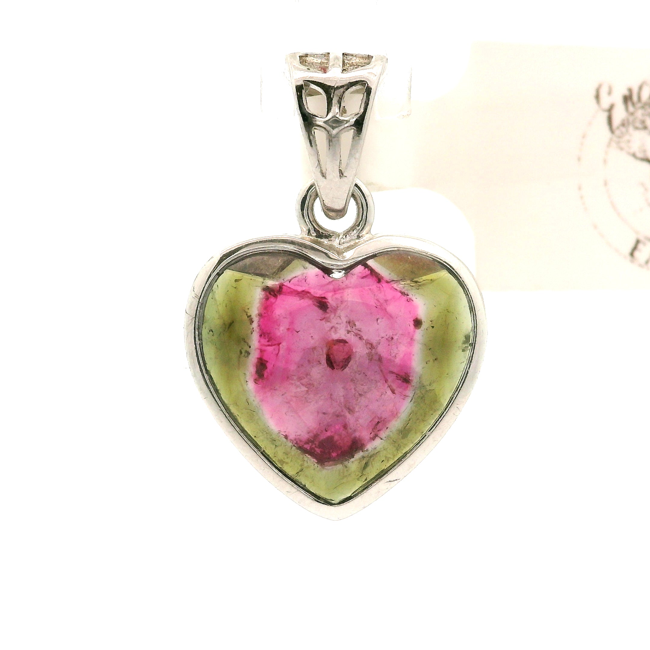 Watermelon Tourmaline Heart Pendant .925 Silver for Profound Heart Healing