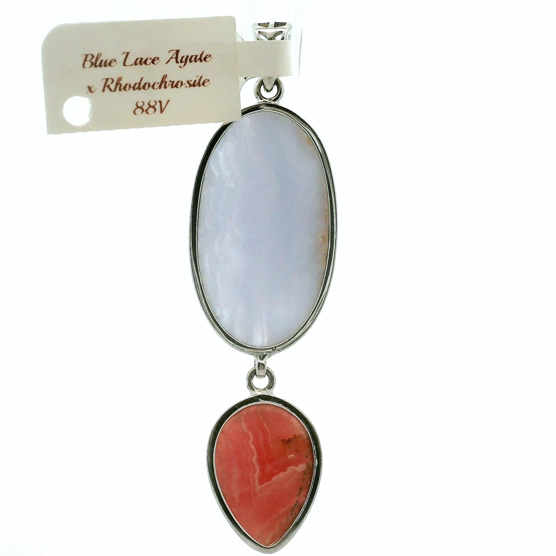 Blue Lace Agate x Rhodochrosite Pendant .925 Silver for Loving and Honest Communication