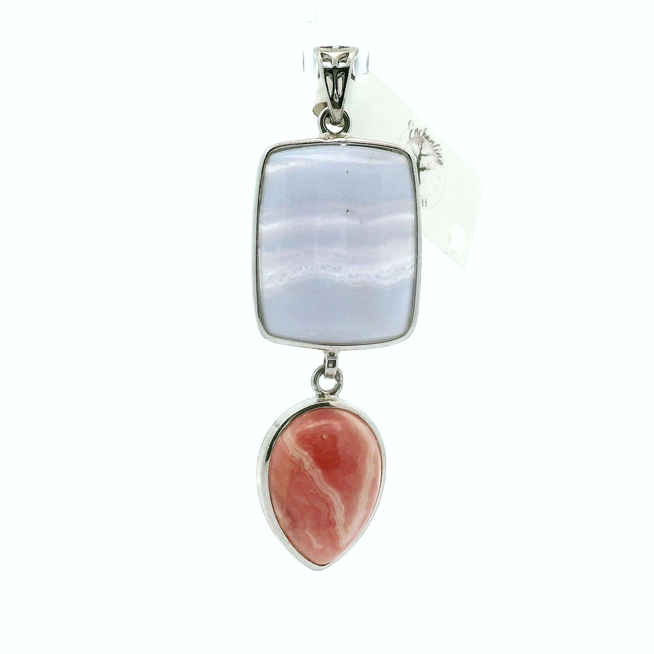 Blue Lace Agate x Rhodochrosite Pendant .925 Silver for Loving and Honest Communication