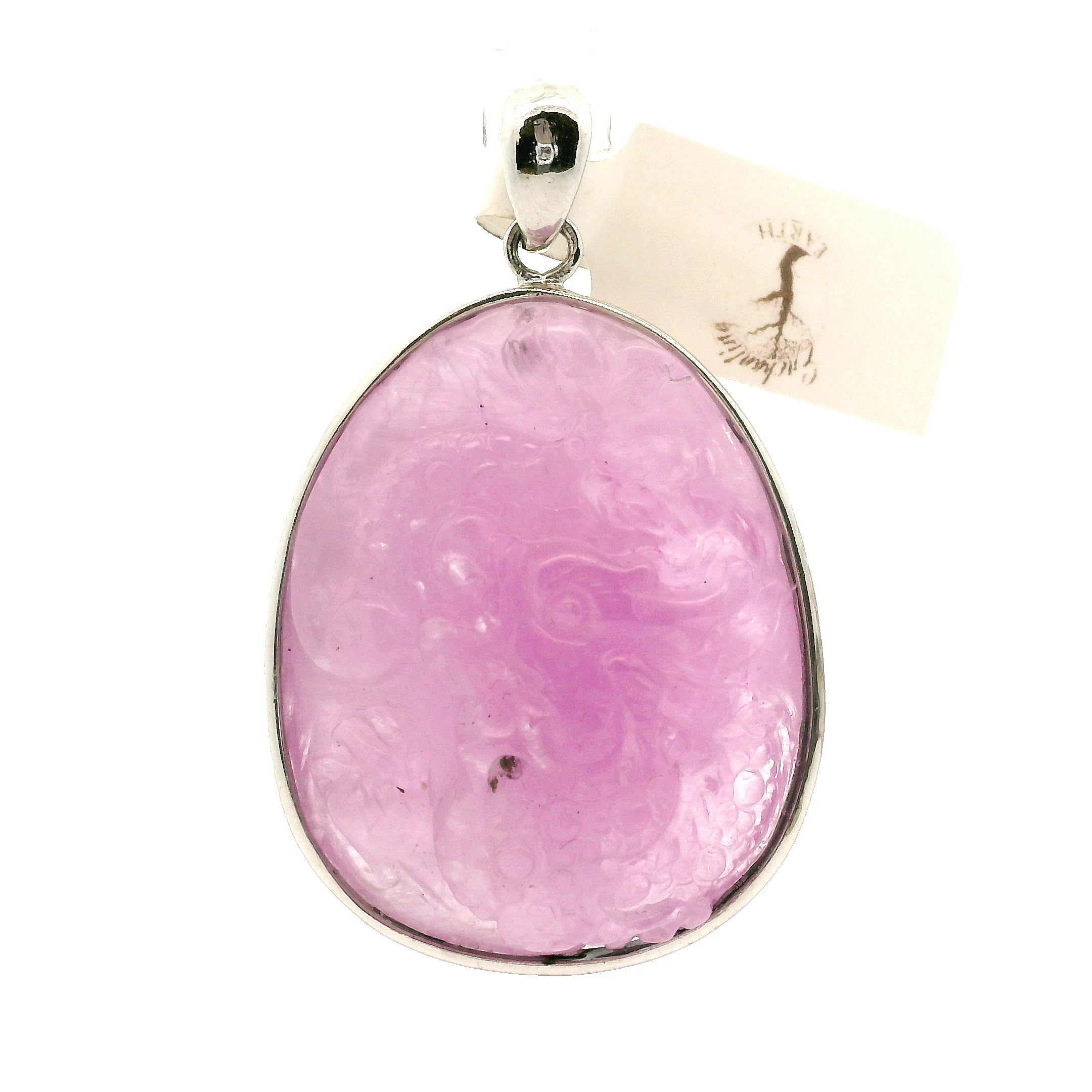 Kunzite Carved Pendant .925 Silver for Opening Your Heart to Love, Emotional and Family Healing