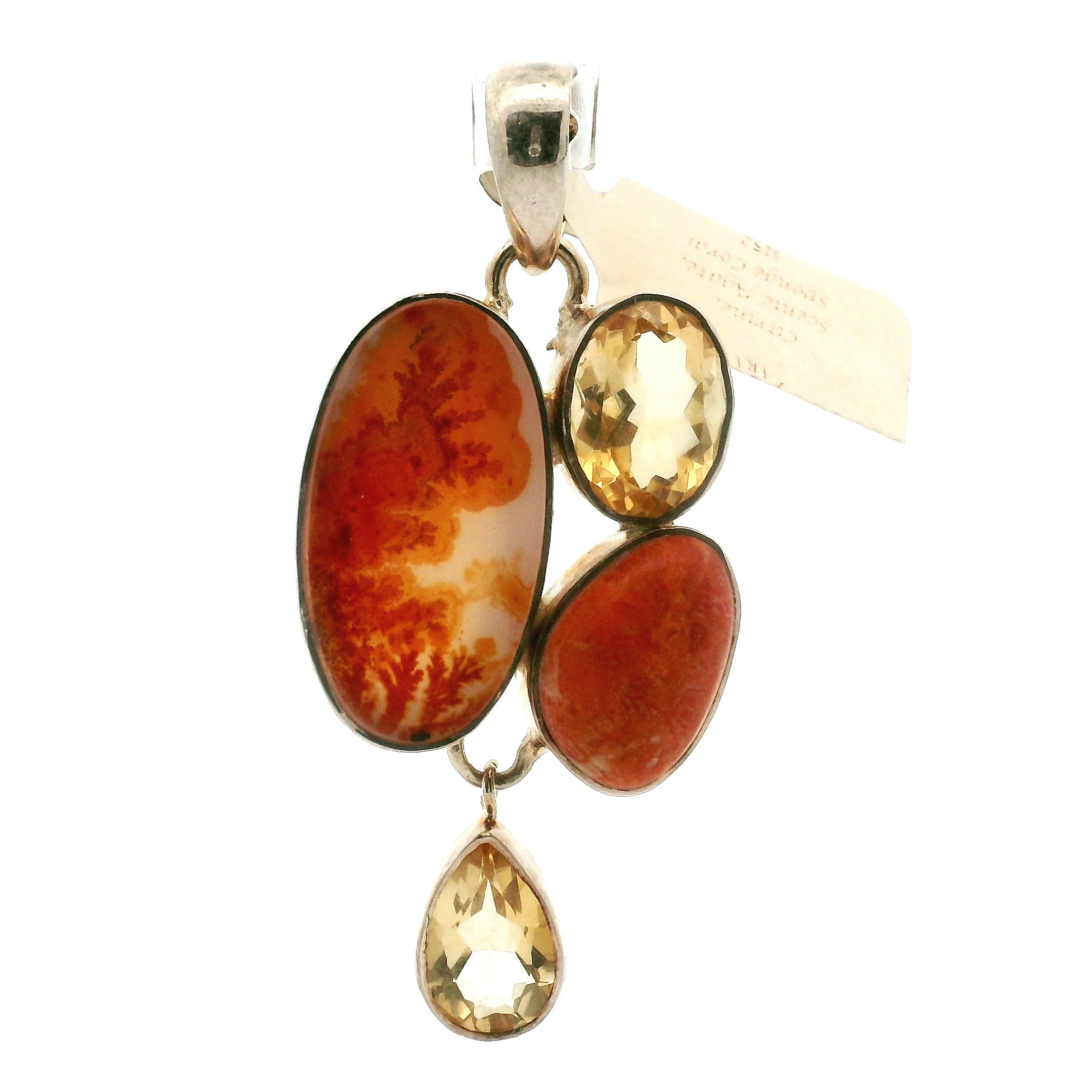 Citrine, Agate and Sponge Coral Pendant .925 Silver for Abundance, Prosperity and Protection