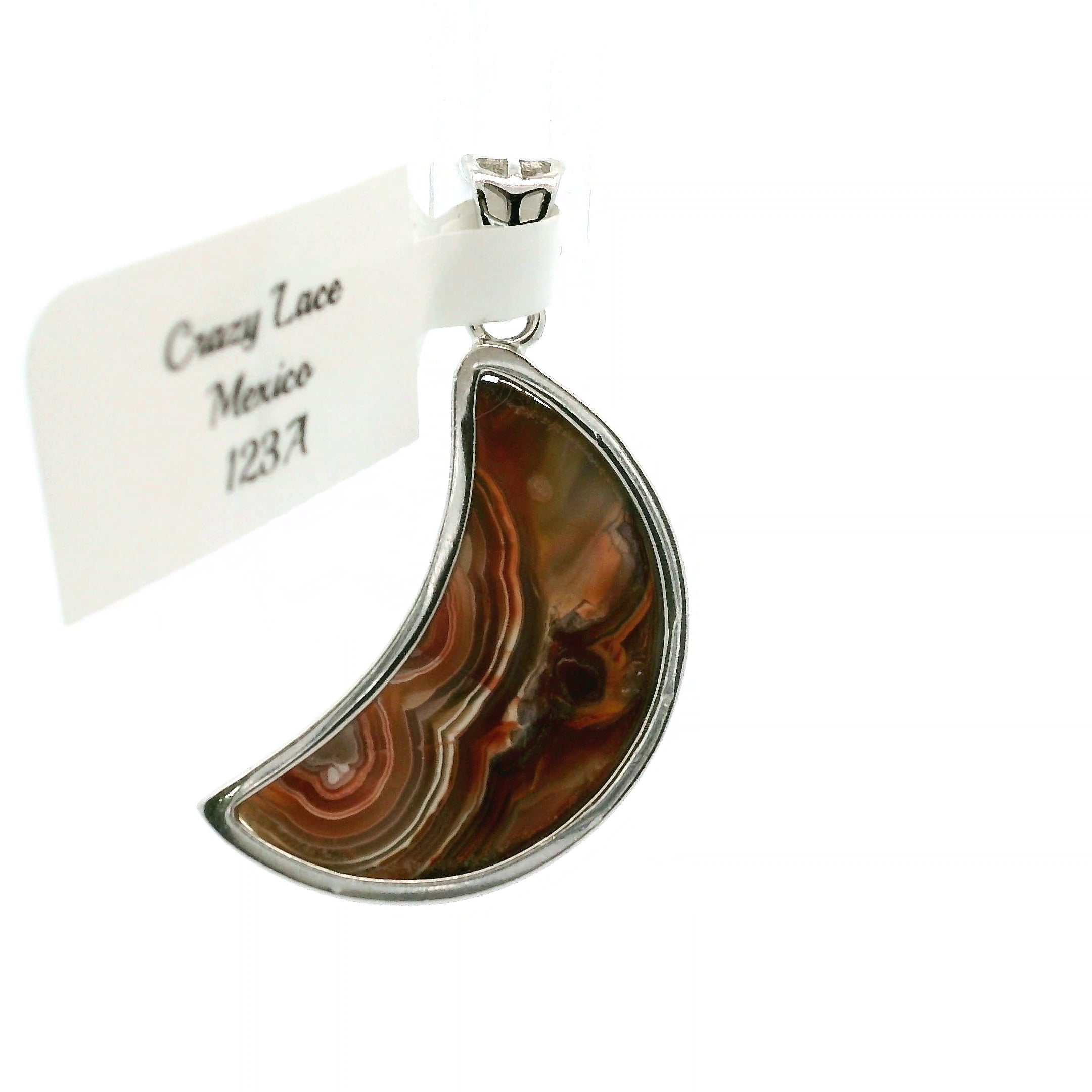 Crazy Lace Agate Moon Pendant in .925 Silver for Promoting Creativity, Hope, New Ideas & Positivity