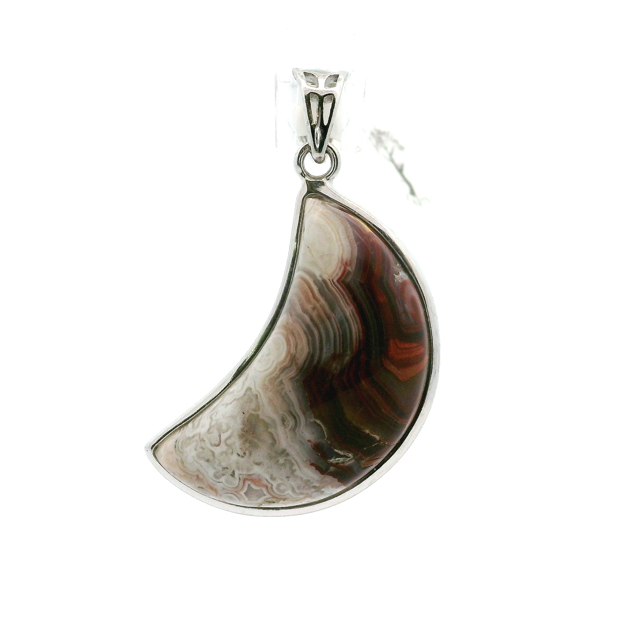 Crazy Lace Agate Moon Pendant in .925 Silver for Promoting Creativity, Hope, New Ideas & Positivity