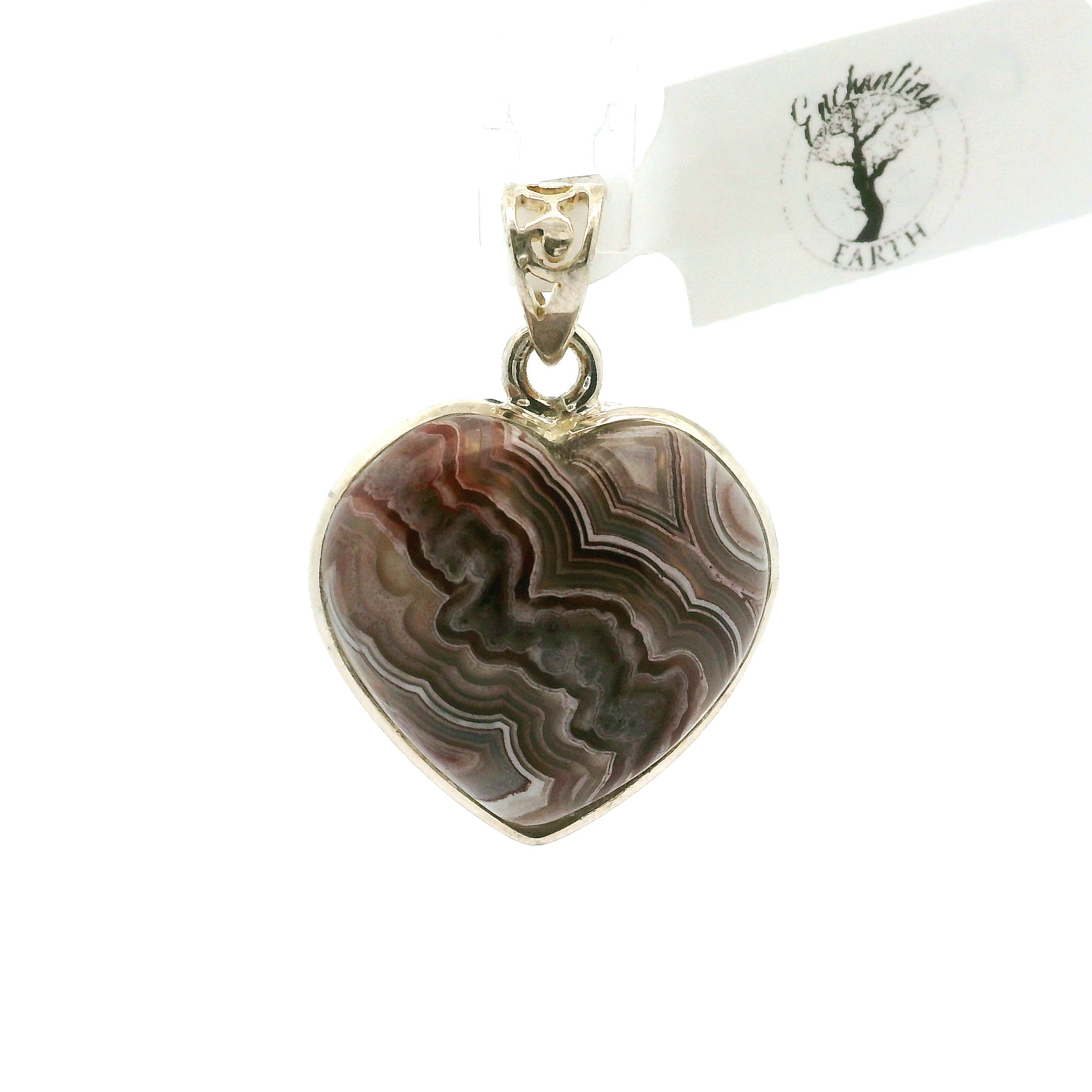 Grey Crazy Lace Agate Heart Pendant in .925 Silver for Promoting Creativity, Hope, New Ideas & Positivity
