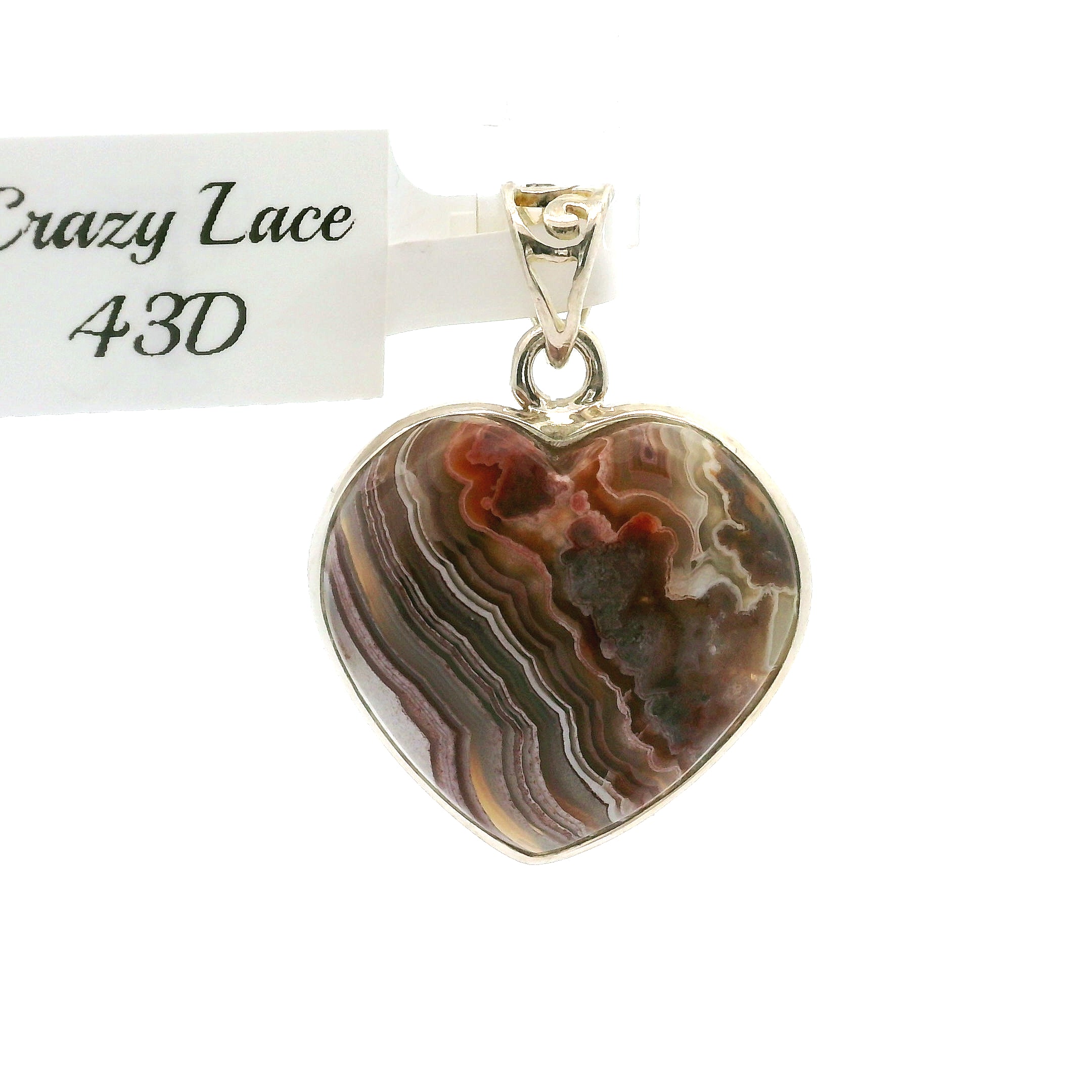 Grey Crazy Lace Agate Heart Pendant in .925 Silver for Promoting Creativity, Hope, New Ideas & Positivity