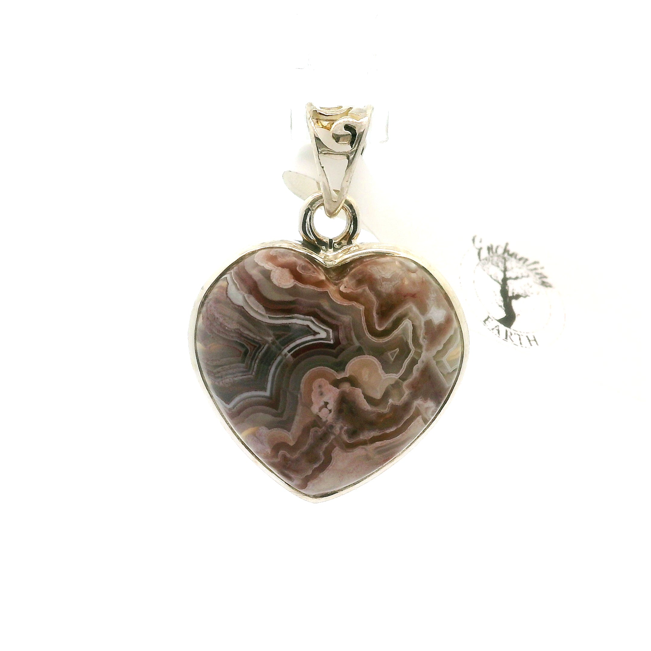 Grey Crazy Lace Agate Heart Pendant in .925 Silver for Promoting Creativity, Hope, New Ideas & Positivity