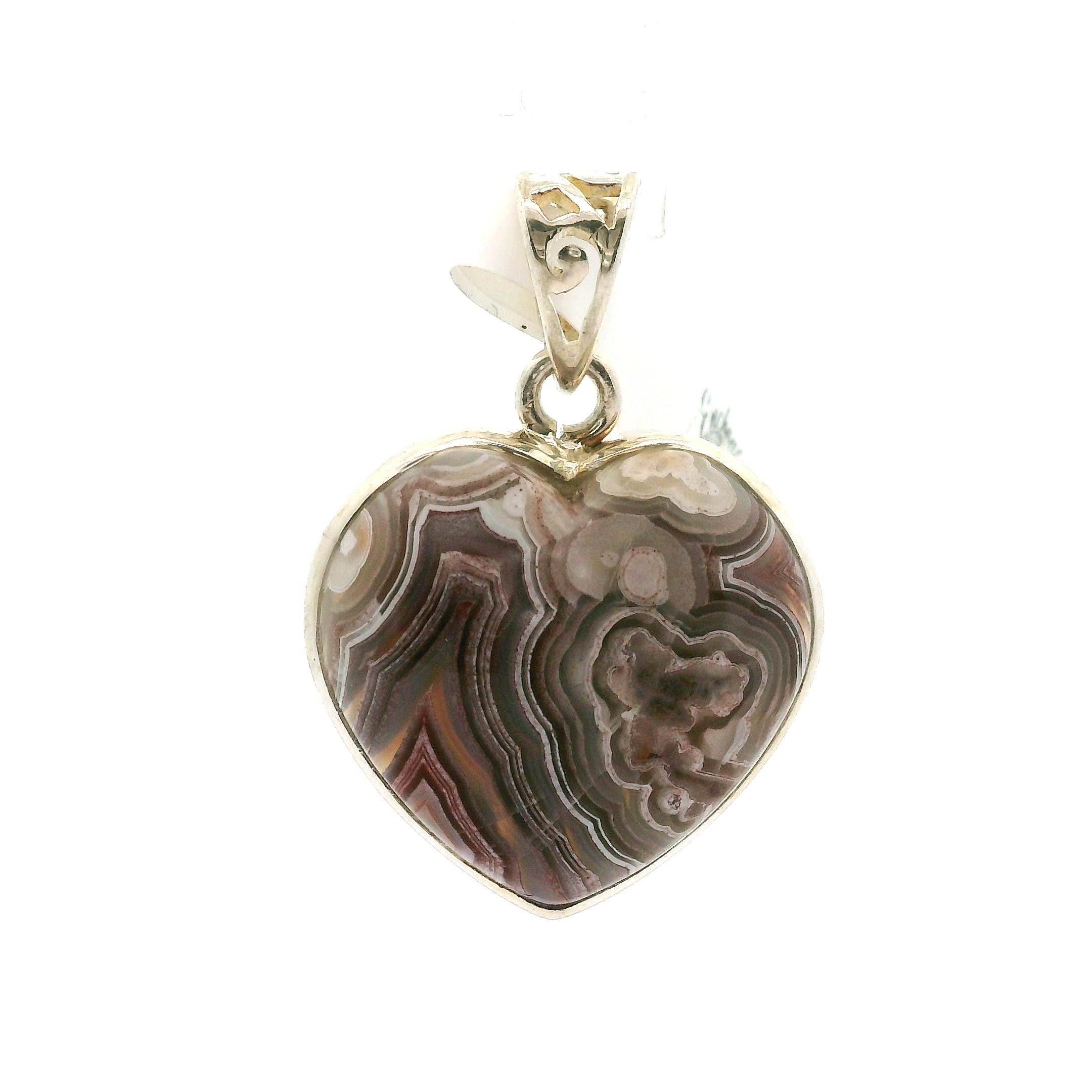 Grey Crazy Lace Agate Heart Pendant in .925 Silver for Promoting Creativity, Hope, New Ideas & Positivity