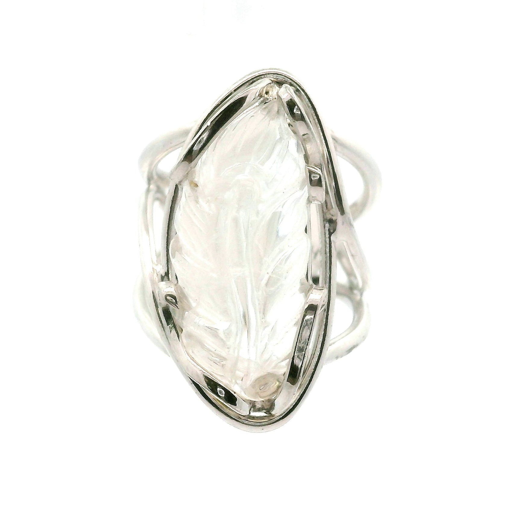 Malagasy Moonstone Feather Cuff Ring .925 Sterling Silver for Spiritual Transformation and Inner Peace