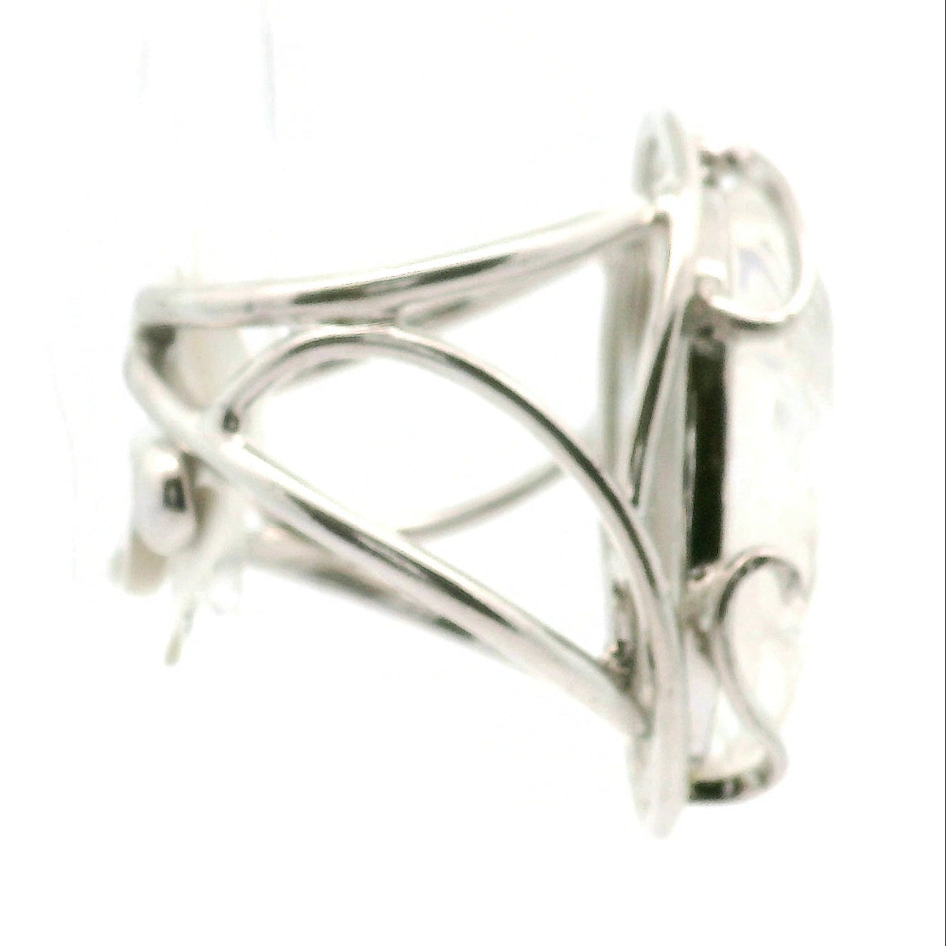 Malagasy Moonstone Feather Cuff Ring .925 Sterling Silver for Spiritual Transformation and Inner Peace