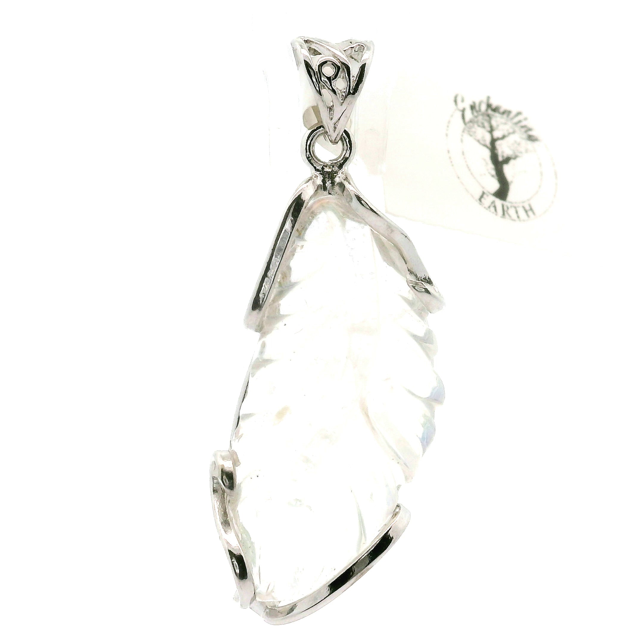 Malagasy Moonstone Feather Pendant .925 Sterling Silver for Spiritual Transformation and Inner Peace