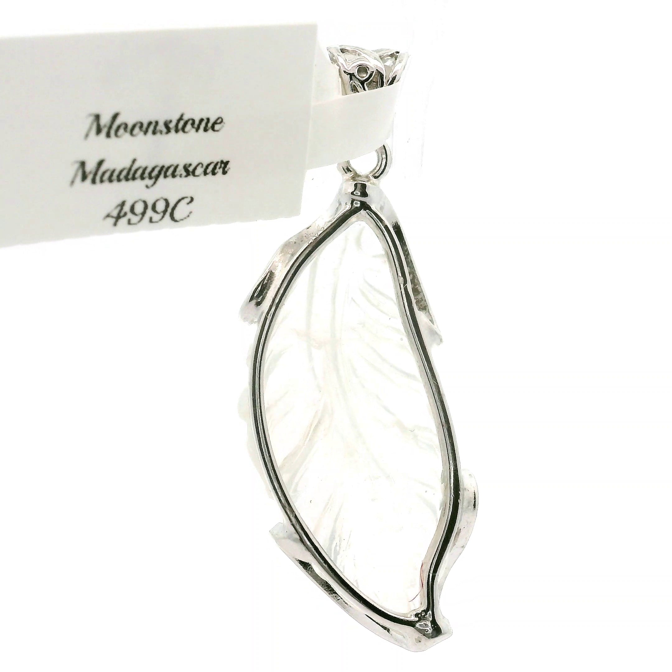 Malagasy Moonstone Feather Pendant .925 Sterling Silver for Spiritual Transformation and Inner Peace