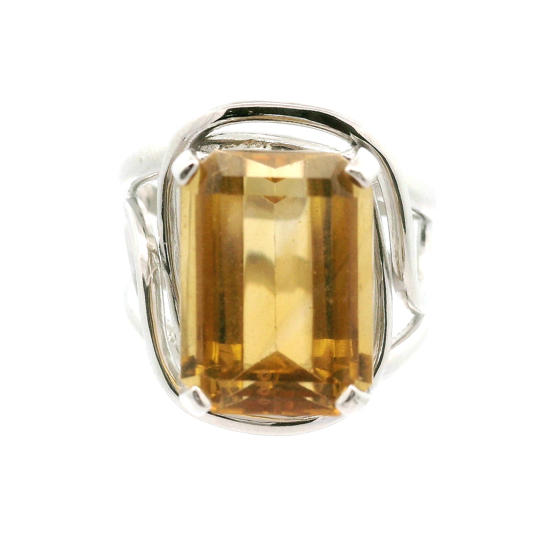 Zambian Citrine Emerald Cut Cuff Ring .925 Silver for Abundance, Intuition, Luck and Protection