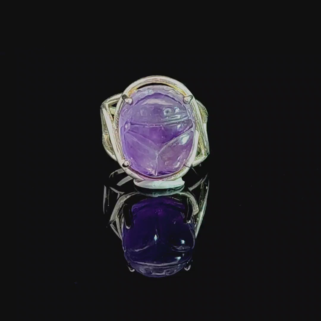 Amethyst Scarab Finger Cuff Adjustable Ring .925 Sterling Silver for Intuition, Protection and Health