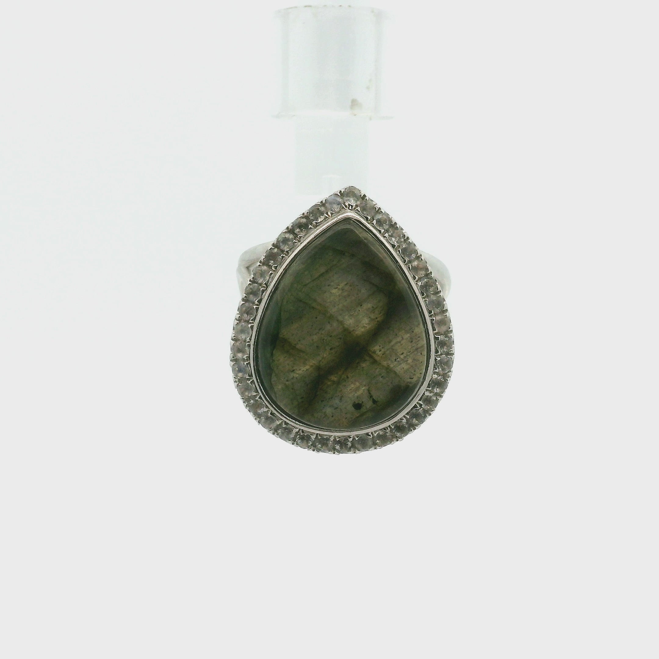 Labradorite with Zircon Pavé Cuff Ring .925 Silver for Protection, Intuition and Guidance