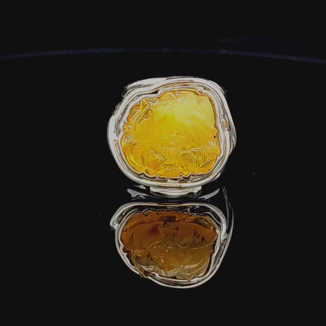 Baltic Amber Flower Finger Cuff Adjustable Ring .925 Silver for Manifesting Abundance, Optimism & Purification of Energy
