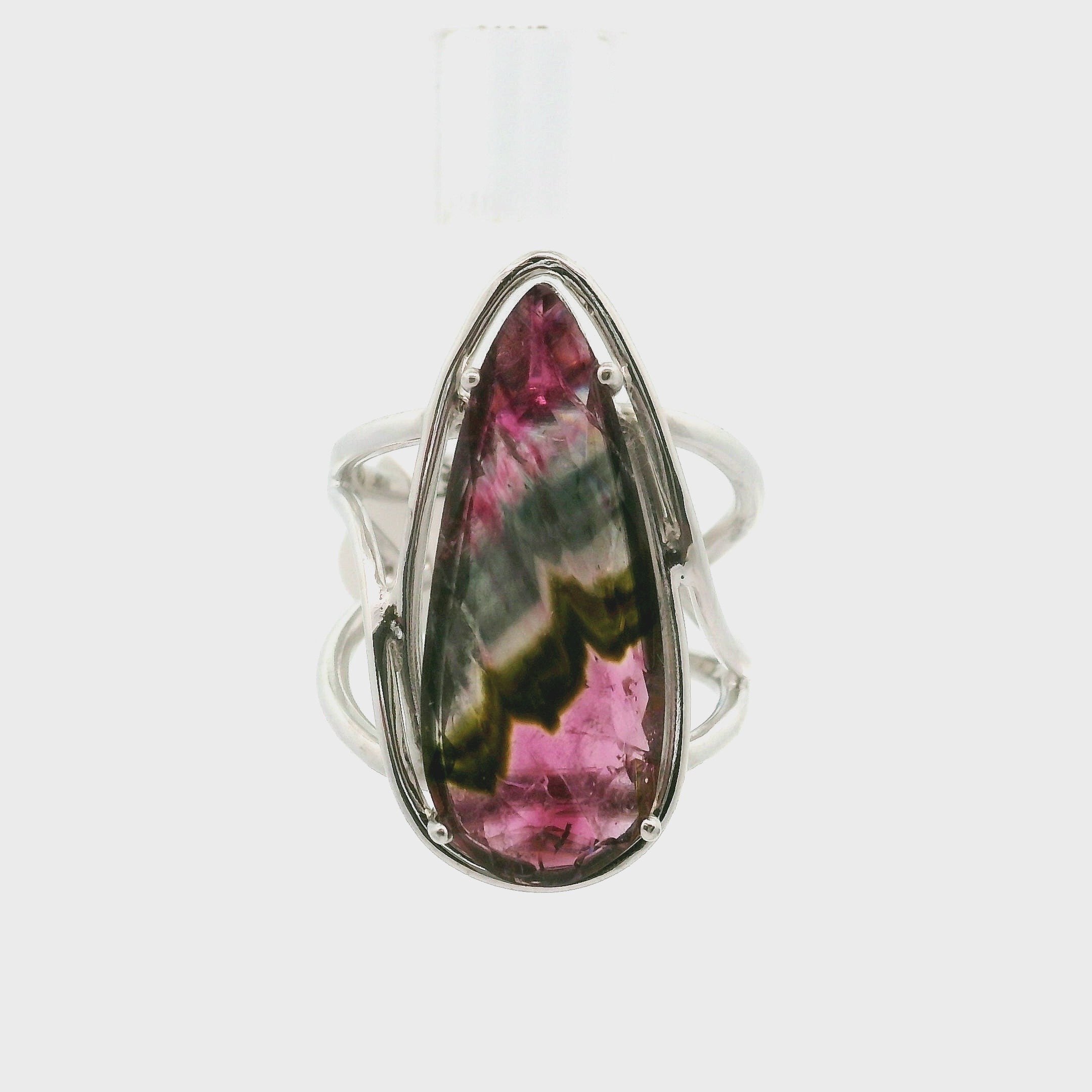 Phantom Watermelon Teardrop Tourmaline Cuff Ring .925 Silver for Profound Compassion and Self-Love
