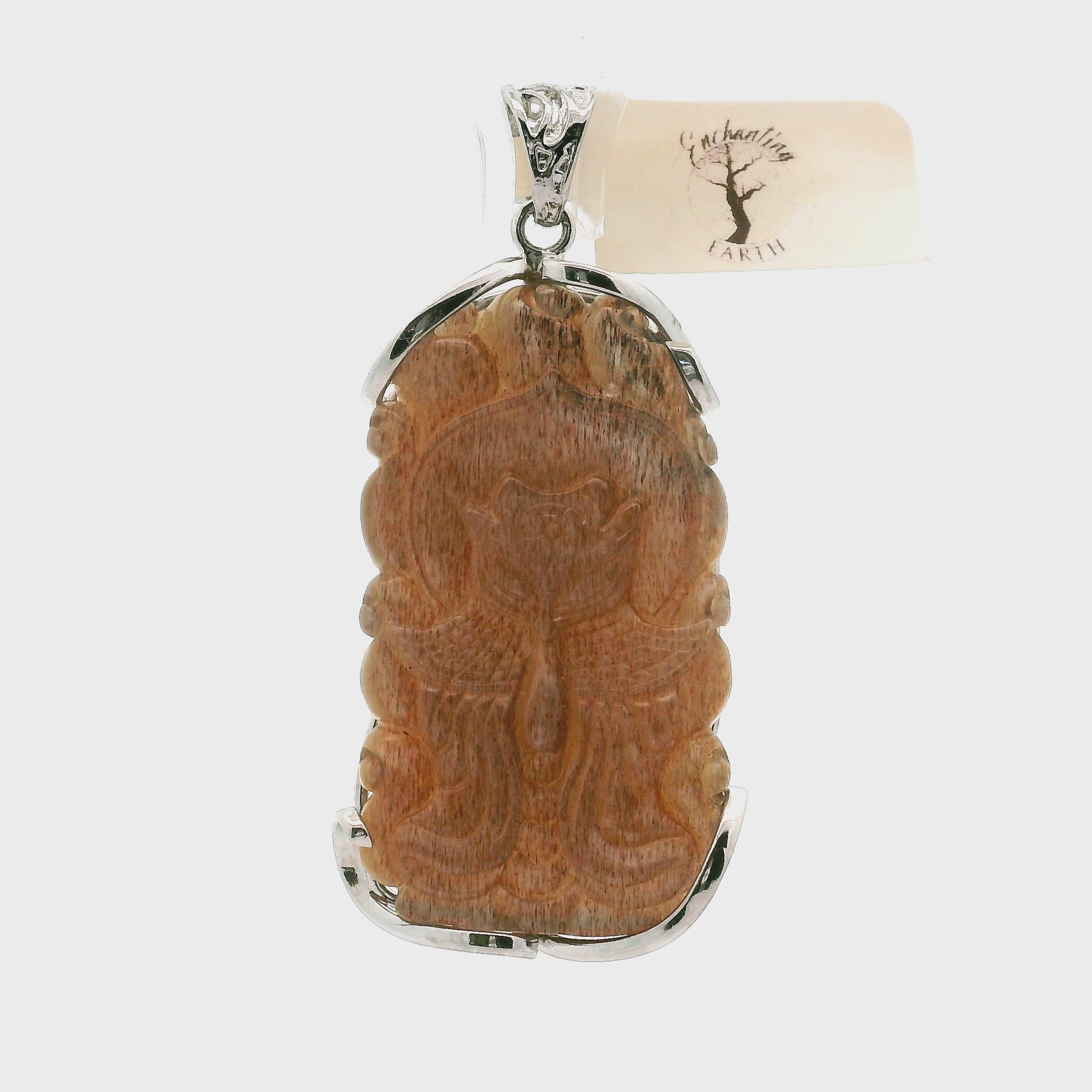 Black Moonstone Sunstone Nine-tails Carved Pendant .925 Silver for Calm, Magic and Improved Manifestation