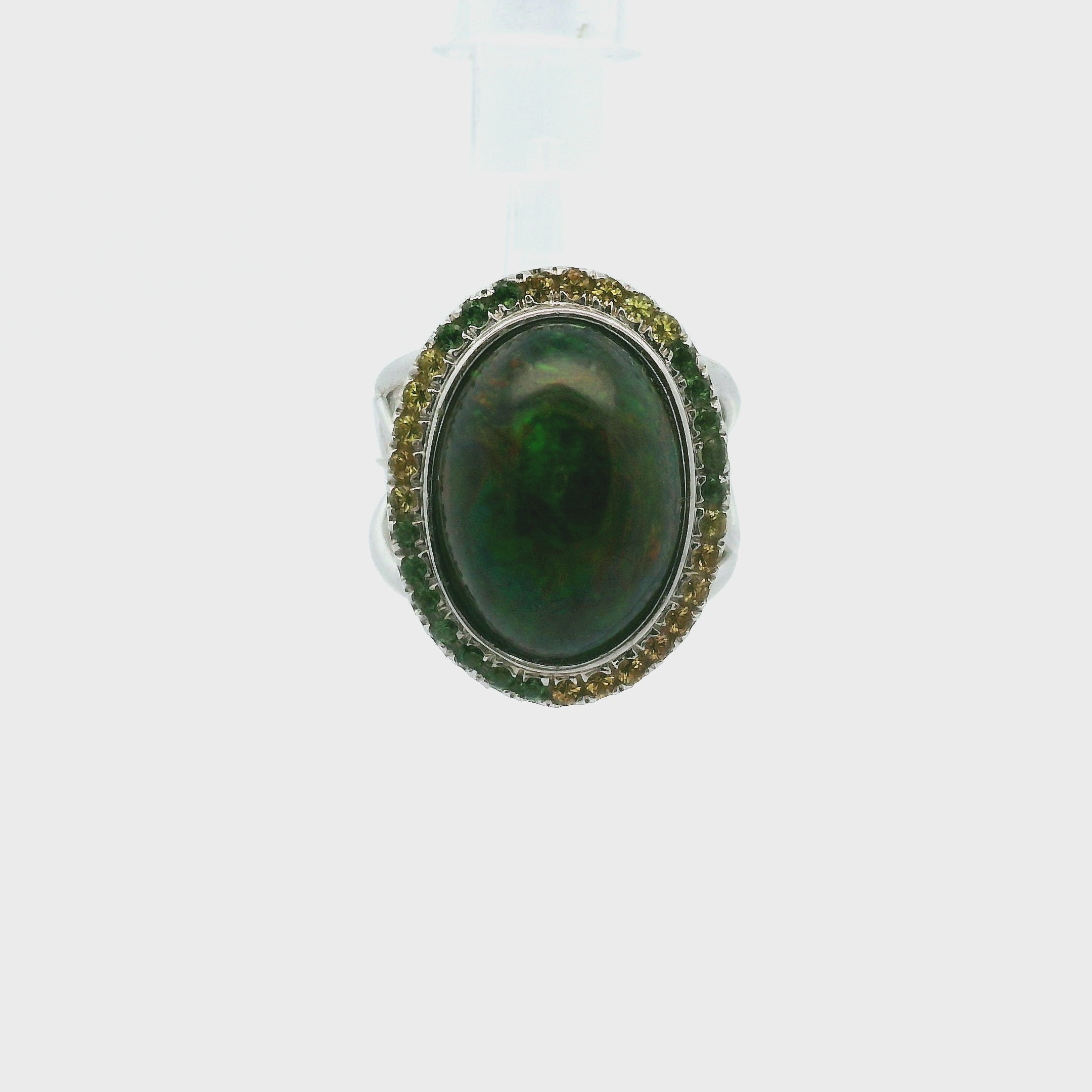 Black Opal with Yellow Sapphire, Chrome Diopside, and Garnet Pavé Cuff Ring .925 Silver for Psychic Abilities, Breakthroughs and Grounding