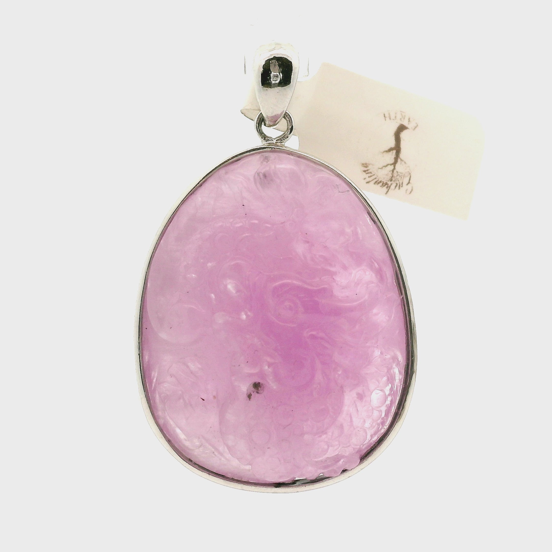 Kunzite Carved Pendant .925 Silver for Opening Your Heart to Love, Emotional and Family Healing