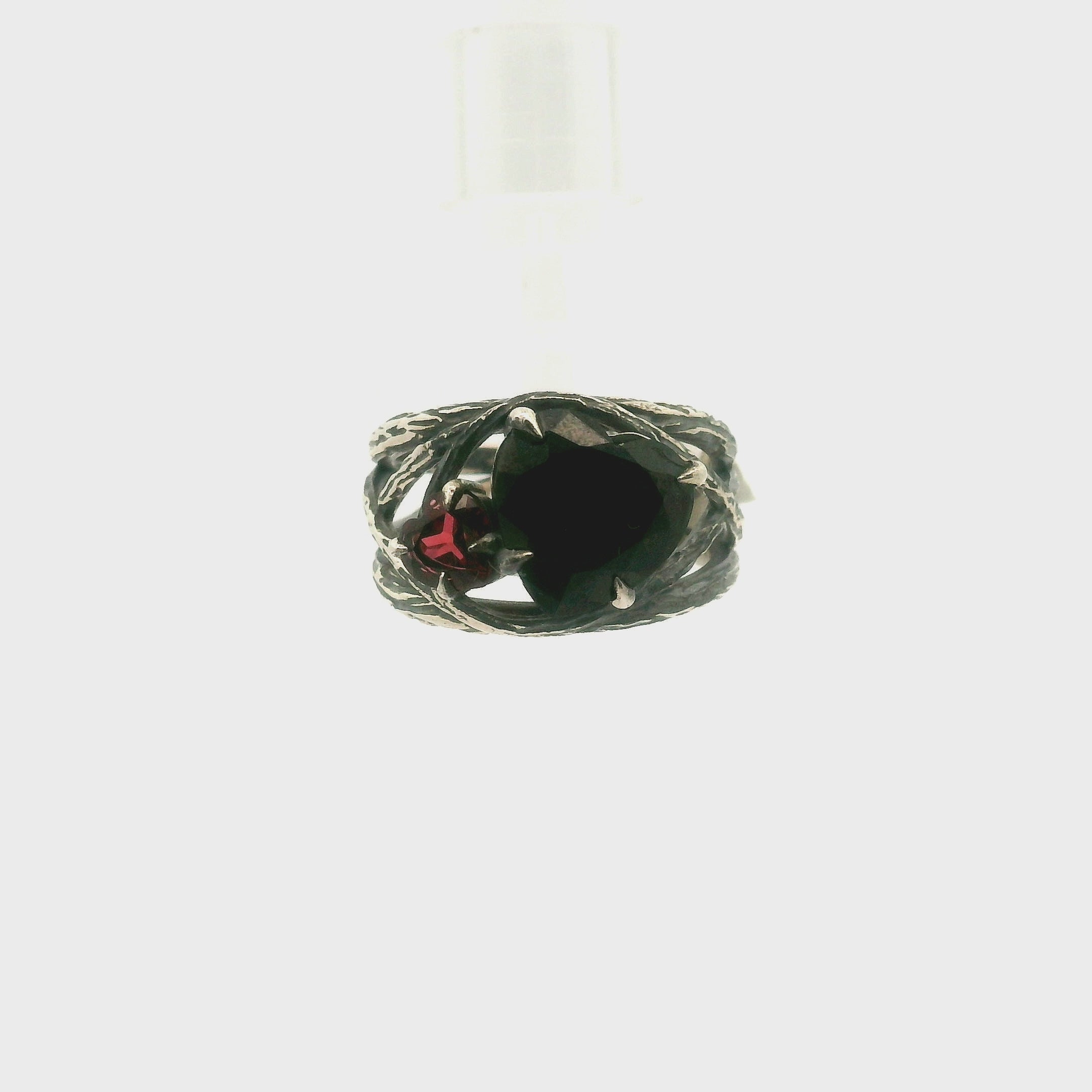 Black Spinel & Garnet Double Heart Bad Witch Cuff Ring .925 Silver for Empowerment, Grounding and Protection